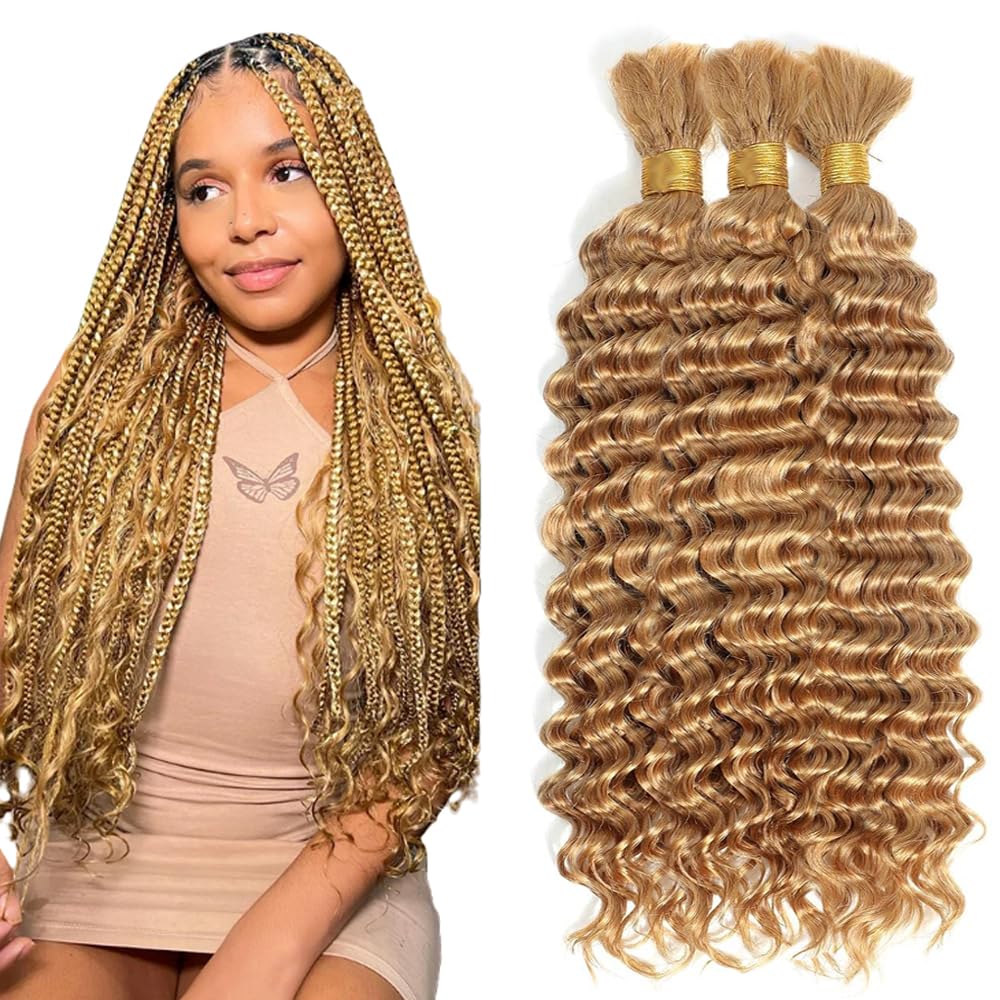 Photo 1 of #27 Honey Blonde Human Braiding Hair Deep Wave Bulk 24 24 24 Inch Blonde Deep Curly Braids Human Hair Extensions Unprocessed Virgin Remy Hair 3 Bundle 50 Gram Per Bundle