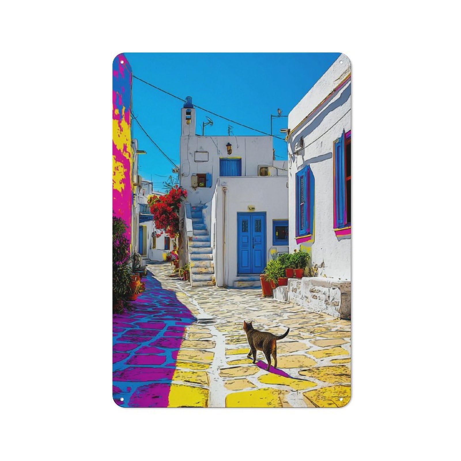 Junmoney Colorful Mediterranean Alleyway With Cat -1 Classic Metal Wall Decor 30X20cm, Decorative Tin Plaque For Cafe, Pub, Workshop Or Home Bar