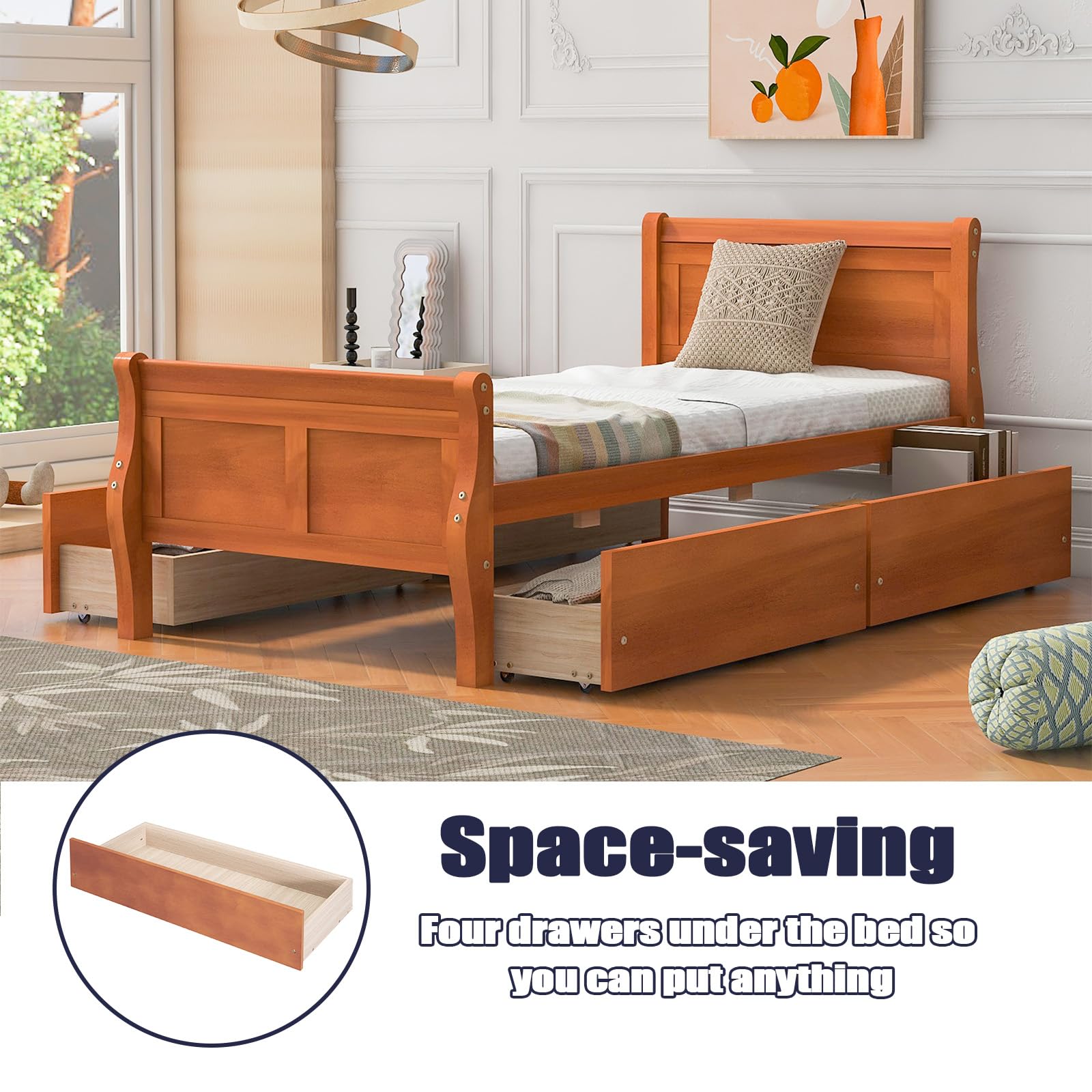 anwickjeff Twin Size Wood Storage Bed with 4 Drawers, Twin Bed Frame with Streamlined Headboard and Footboard for Kids Teens Adults, Wood Slat Support, No Box Spring Needed (Oak, Twin Size)