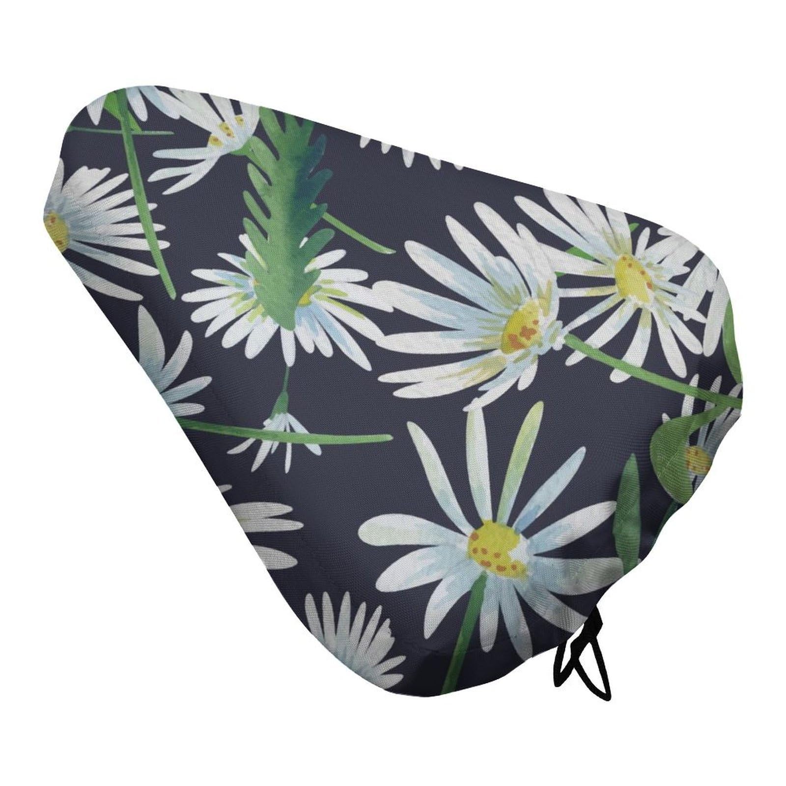 Treer Bike Seat Cushion Covers Waterproof, Daisy Outdoor Bicycle Saddle Rain Dust Cover with Elastic, Non-Slip Bicycle Seat Protector Shield for Journey and Travel (White daisy,4PCS)