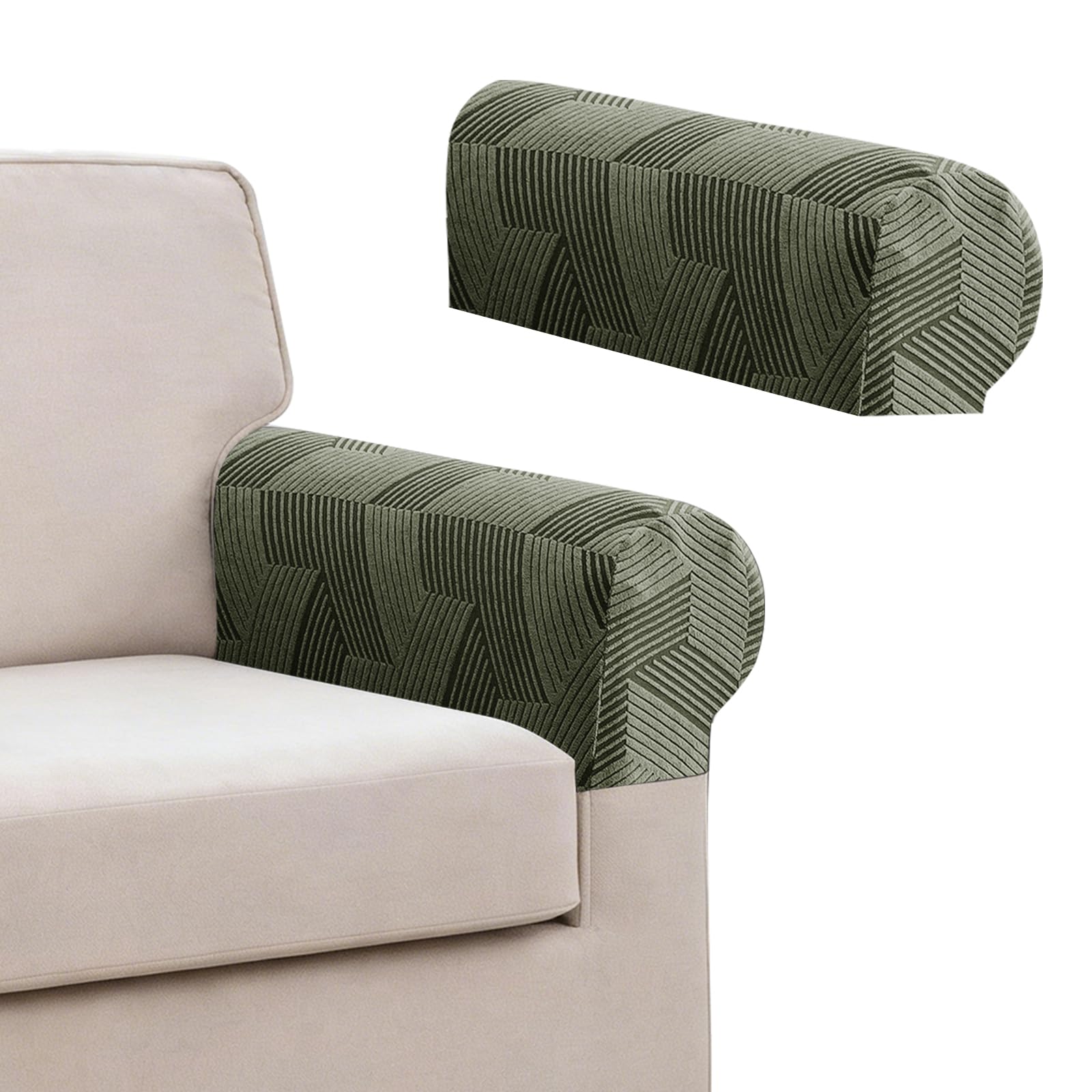 XINEAGE 2 Pcs Armchair Covers, Stretch Arm Rest Covers Non Slip,Washable Armrest Cover Protector for Sofa, Couch Feature Geometrical Jacquard Fabric,Army Green