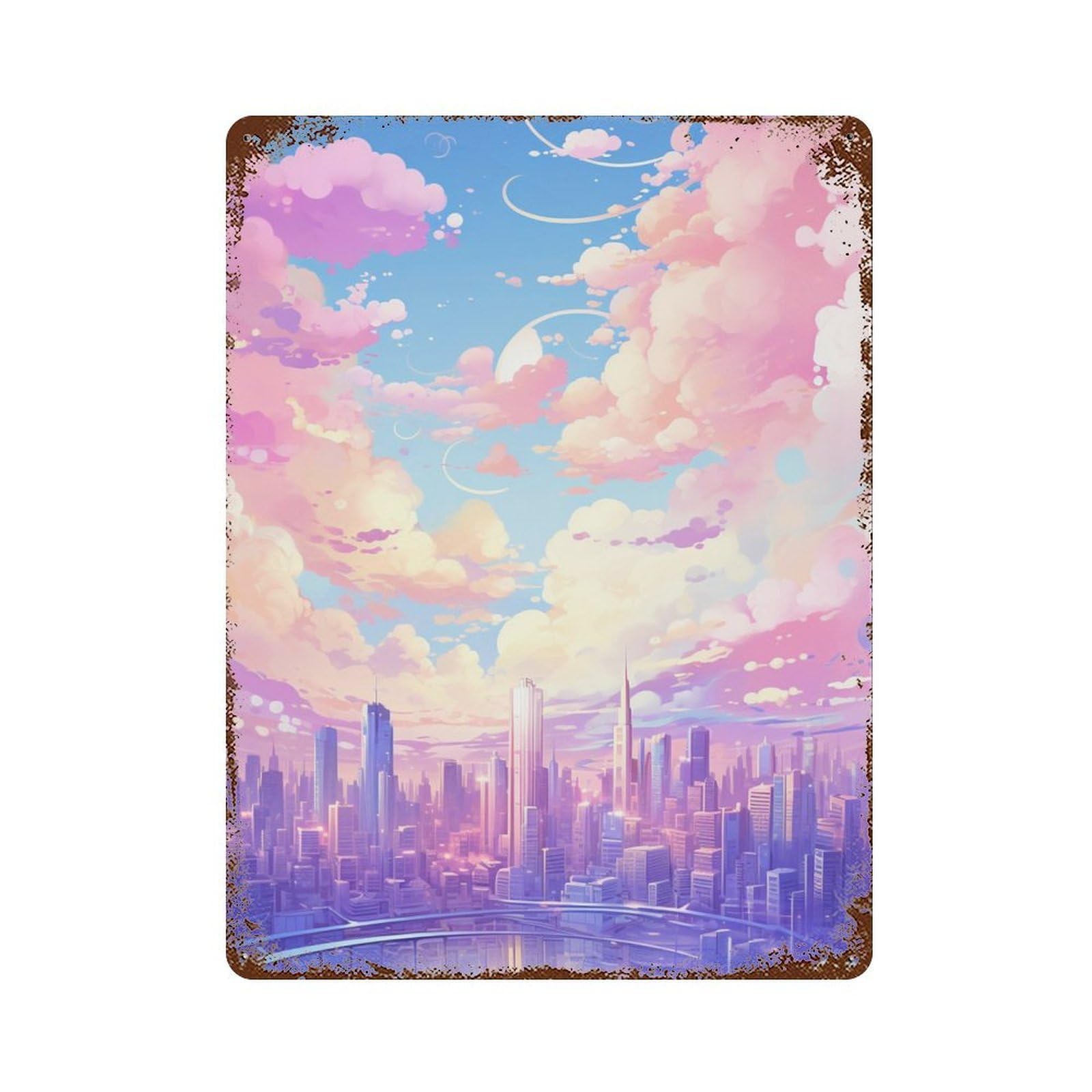 Pastel Cityscape Skyline Weathered Tin Sign 15.7"x11.8", Decorative Metal Wall Art for Garage, Bar And Workshop Decor