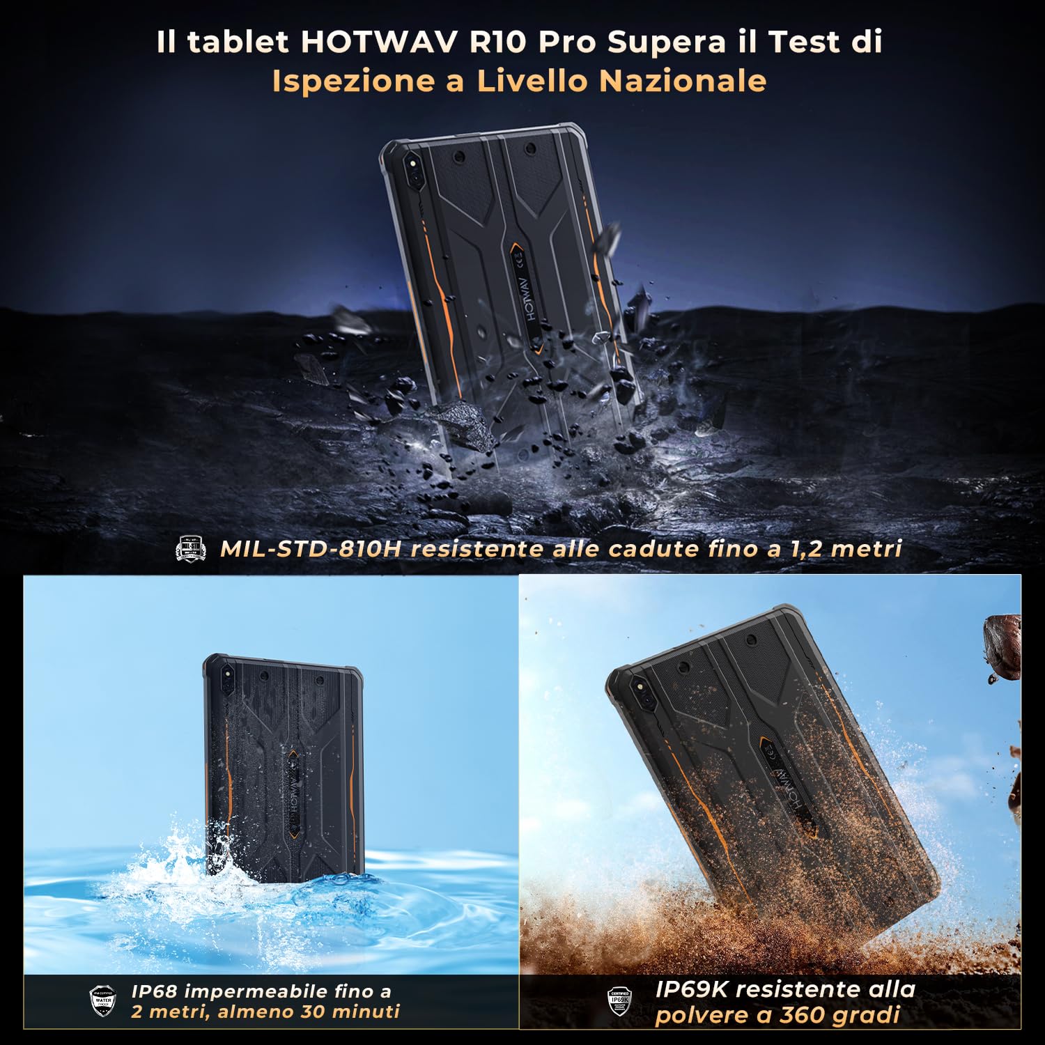 HOTWAV R10 Pro 2025 Tablet Rugged Android 14, 10.1 Pollici HD+ Tablet Robusto 10800mAh, 20GB+256GB/1TB TF Tablets, 13MP+5MP Octa-Core IP68 Tablets Impermeabile Dual SIM 4G-LTE/5G WiFi/Face ID/GPS/OTG