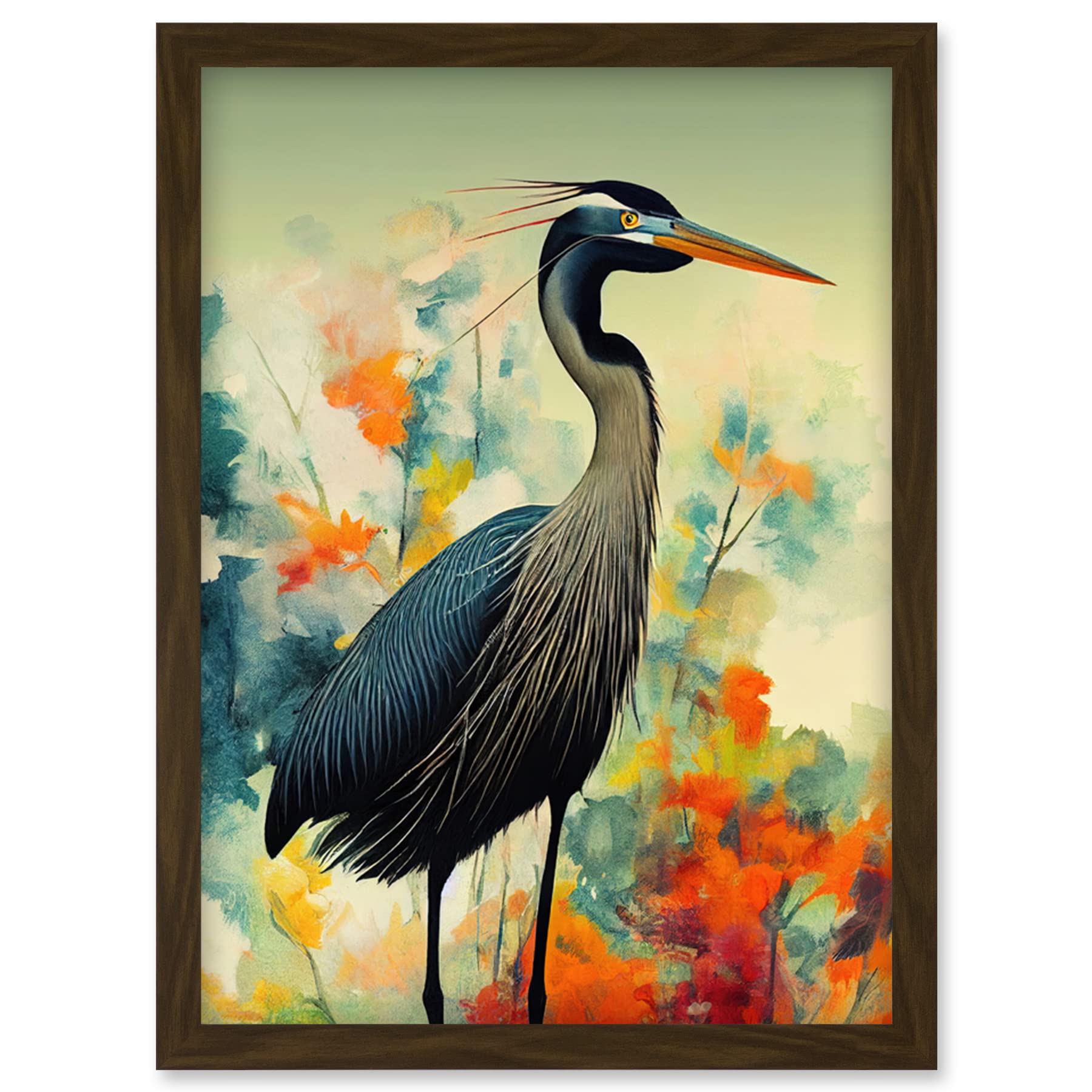 Framed Print - Heron Bird Abstract Flower Field Colourful Teal Orange Navy Illustration Artwork - A4