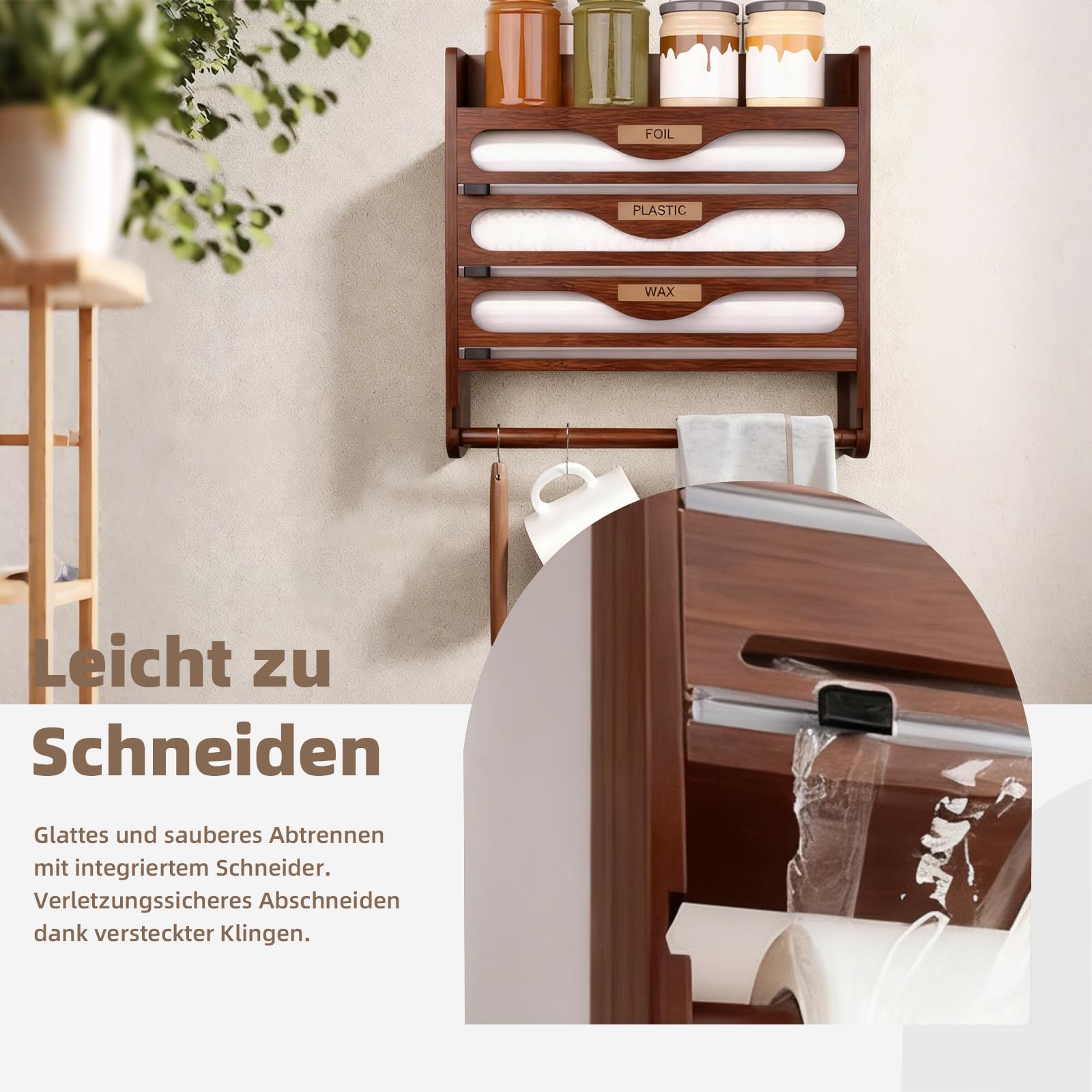 Dispenser per Pellicola Trasparente 4 in 1 con Portarotolo da Cucina,Organizer da Parete per Fogli di Alluminio,Pellicola di Plastica e Carta Oleata,Contenitore Multiuso con Rotolo-Braun