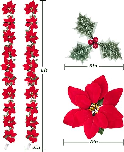 Miniatura 7 de Paquete de 2 guirnaldas de Pascua con luces, flores artificiales de seda de terciopelo preiluminadas, guirnalda de 6 pies con bayas rojas y hojas de