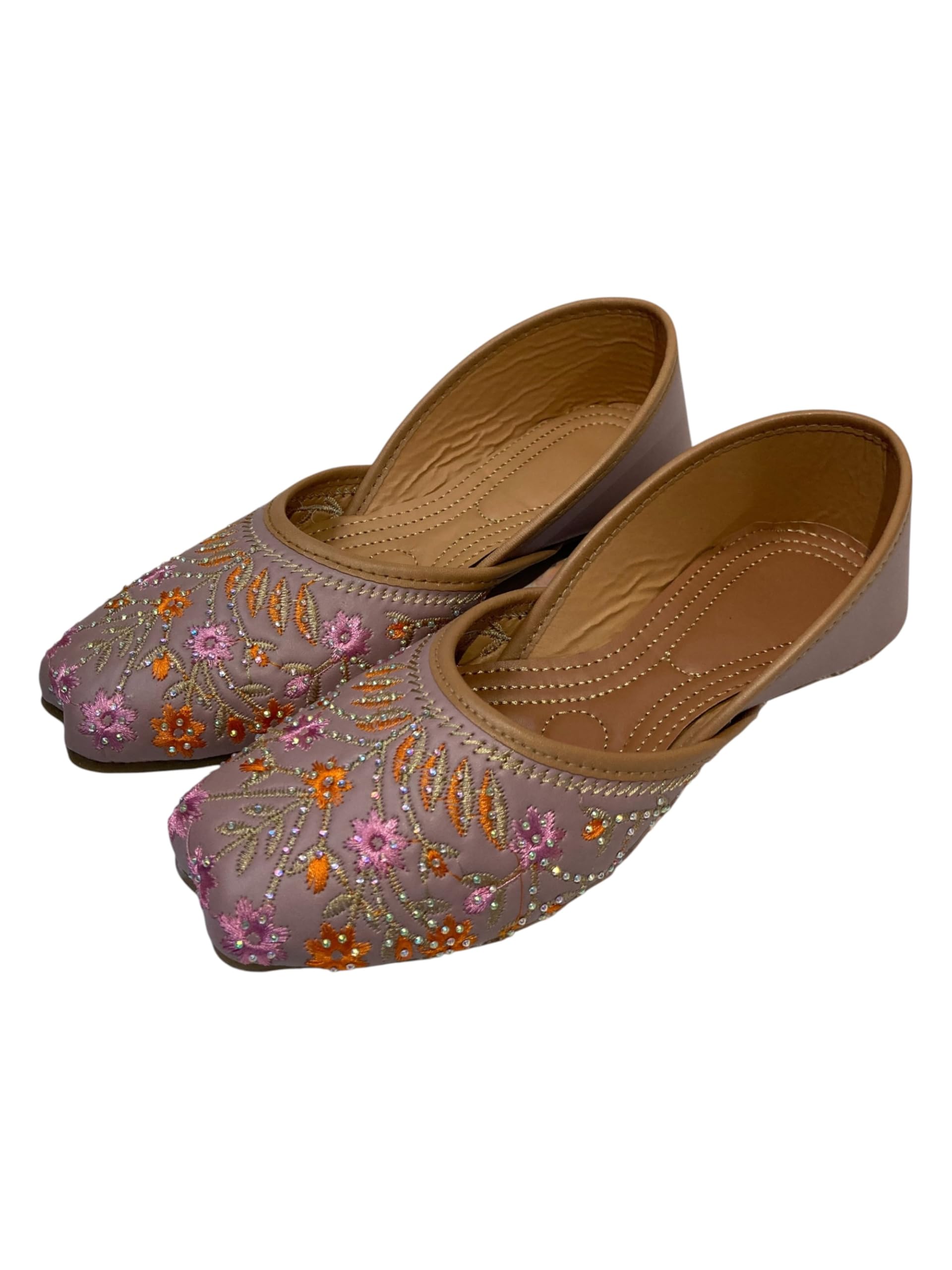 Traditional Women's Embroidered Mojari Jutti, Grey and Brown with Pink Orange Floral Design, Handcrafted Slip-On Style-image-14