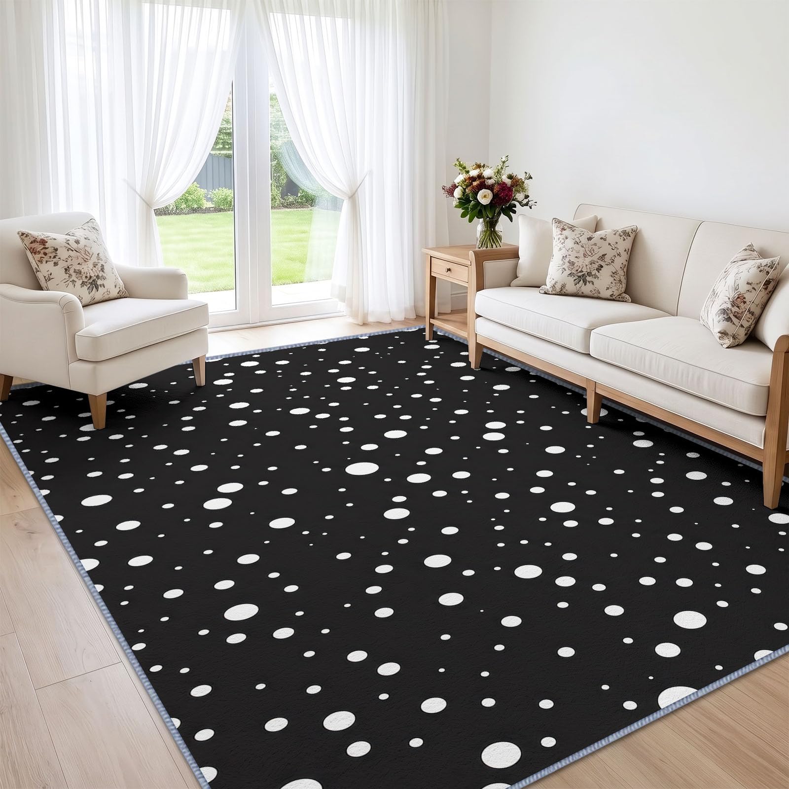 Générique Géométrie Pois Noirs Et Blancs Tapis Salon 160 x 230 cm, Lavable en Machine Antidérapant Tapis Moderne pour Chambre Descente de Lit Salle a Manger Bureau