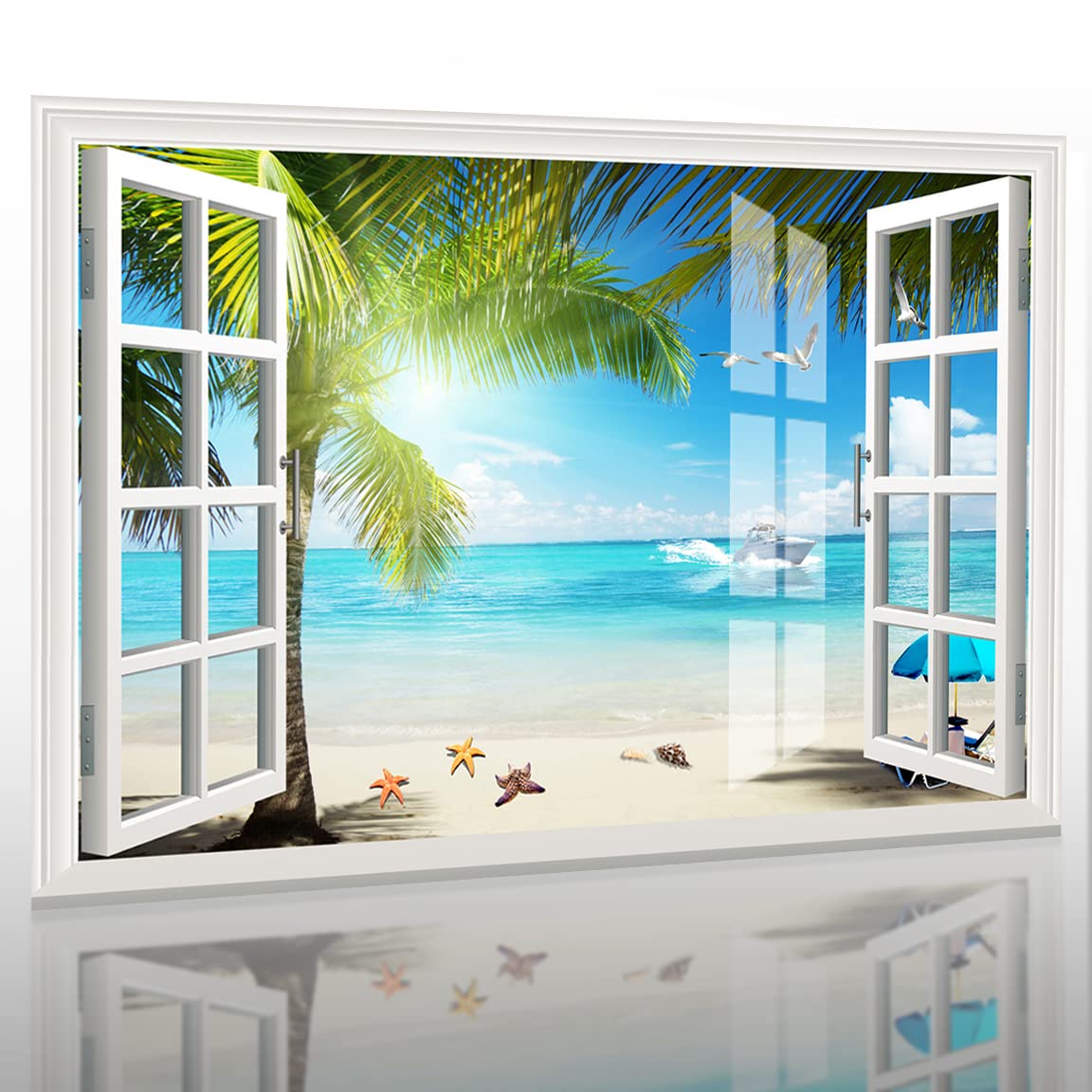 Photo 1 of SIJIFACAI 3D Fake Windows /waterproof Wall Stickers /self -stick Wall Murals /3D Mural -summer Beach, Creative Window Scene Wall Decoration - 35"x24" Palm Tree and Tropical Beach 35x24in
