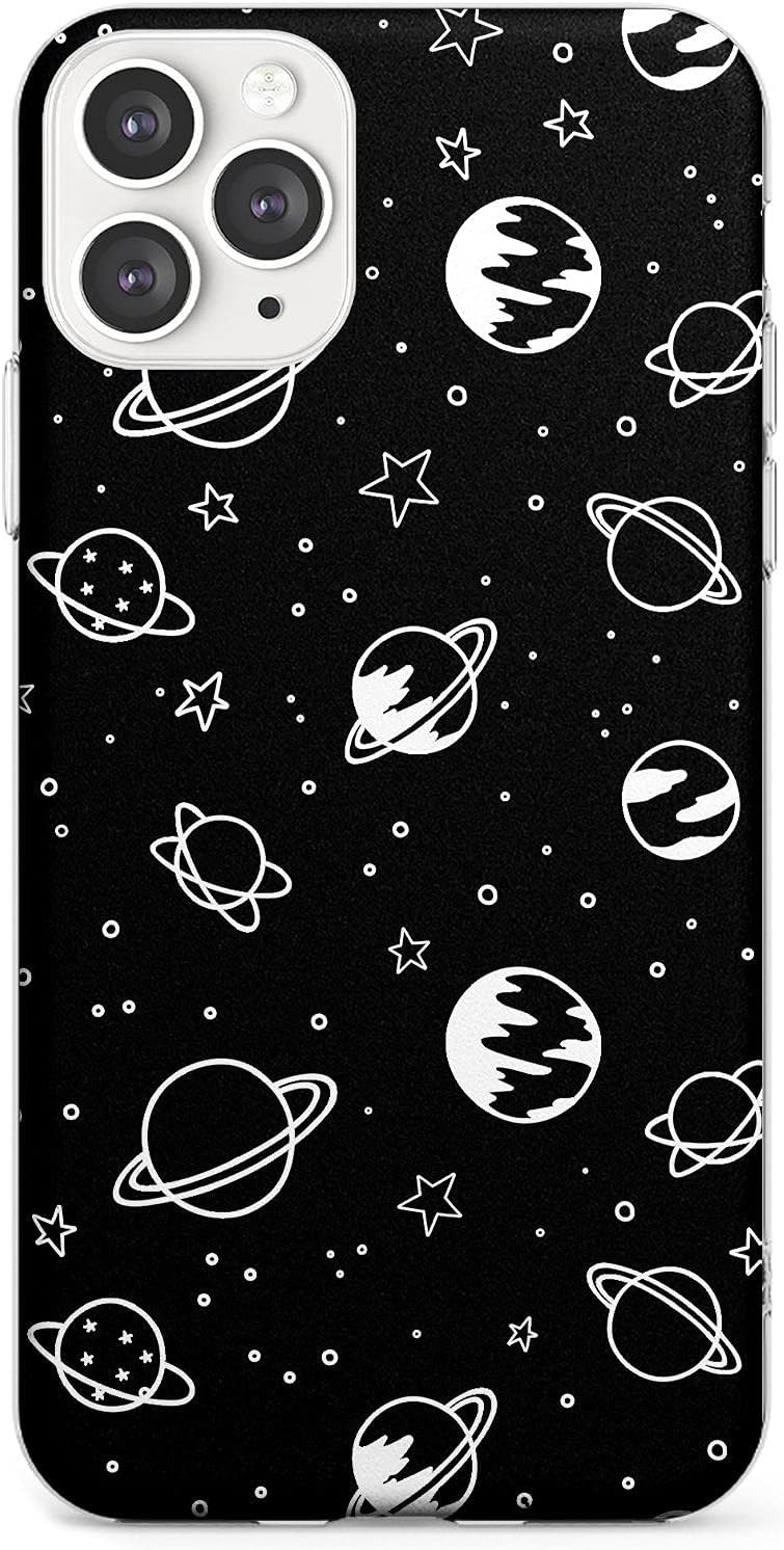 Cosmic Outer Space White on Black Slim Phone Case for iPhone 12 | 12 Pro TPU Protective Light Strong Cover with Planets Space Universe Galaxy Moon