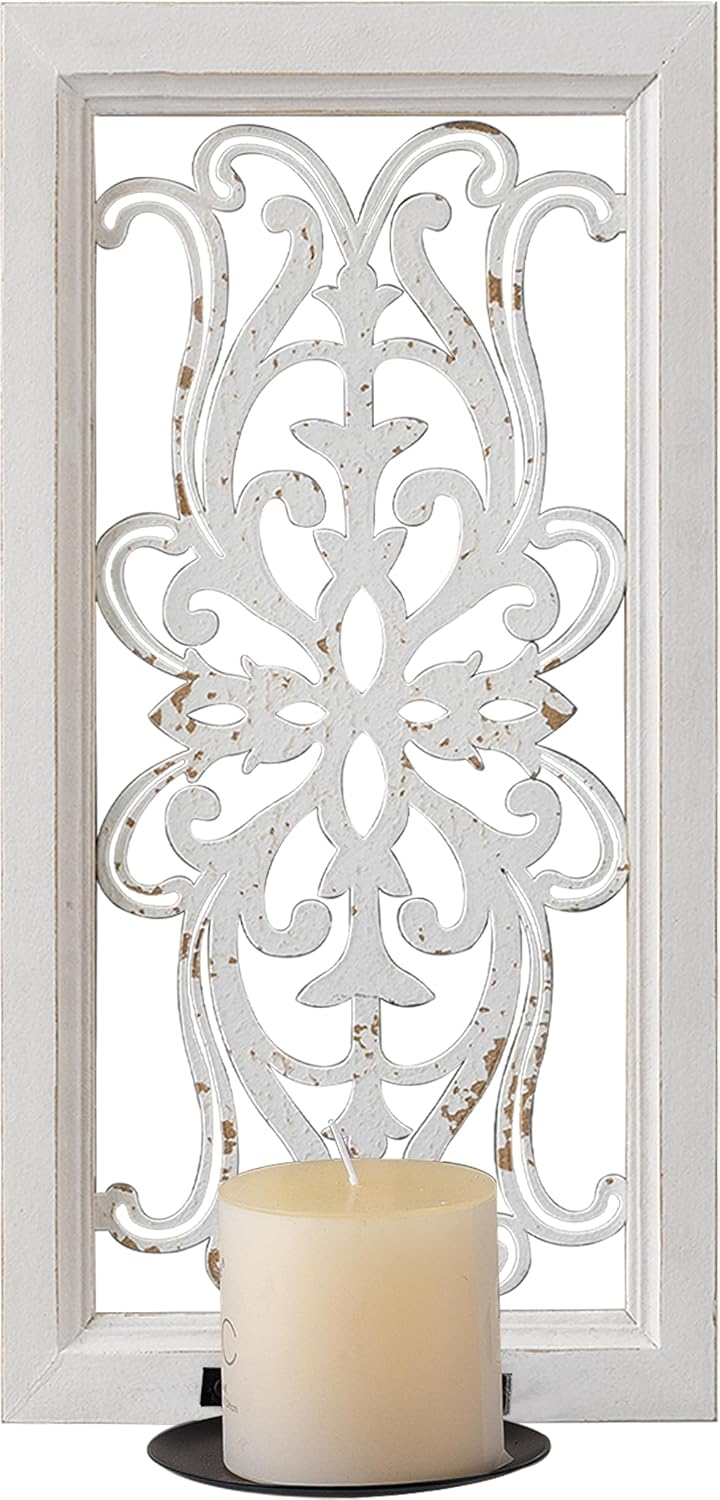 SOFE Framed Wall Candle Sconce 16 Inches, Shabby Chic White Candle Holder for Pillar Candle, Openwork Design Rustic Candle Holder for Walls, Living Room, Bedroom Christmas Decor, 1 Piece