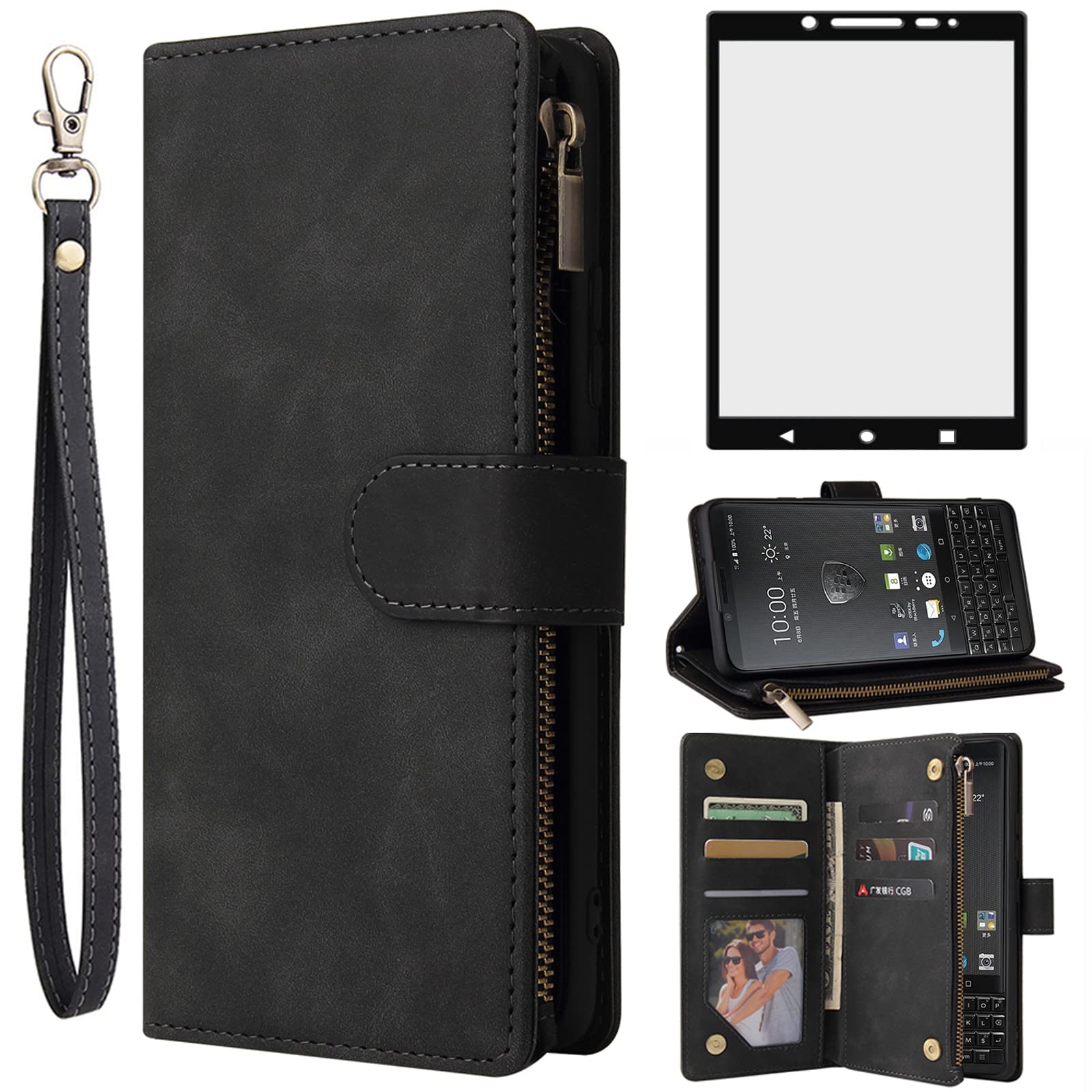 Asuwish Compatible With Blackberry Key2 Wallet Case Tempered Glass