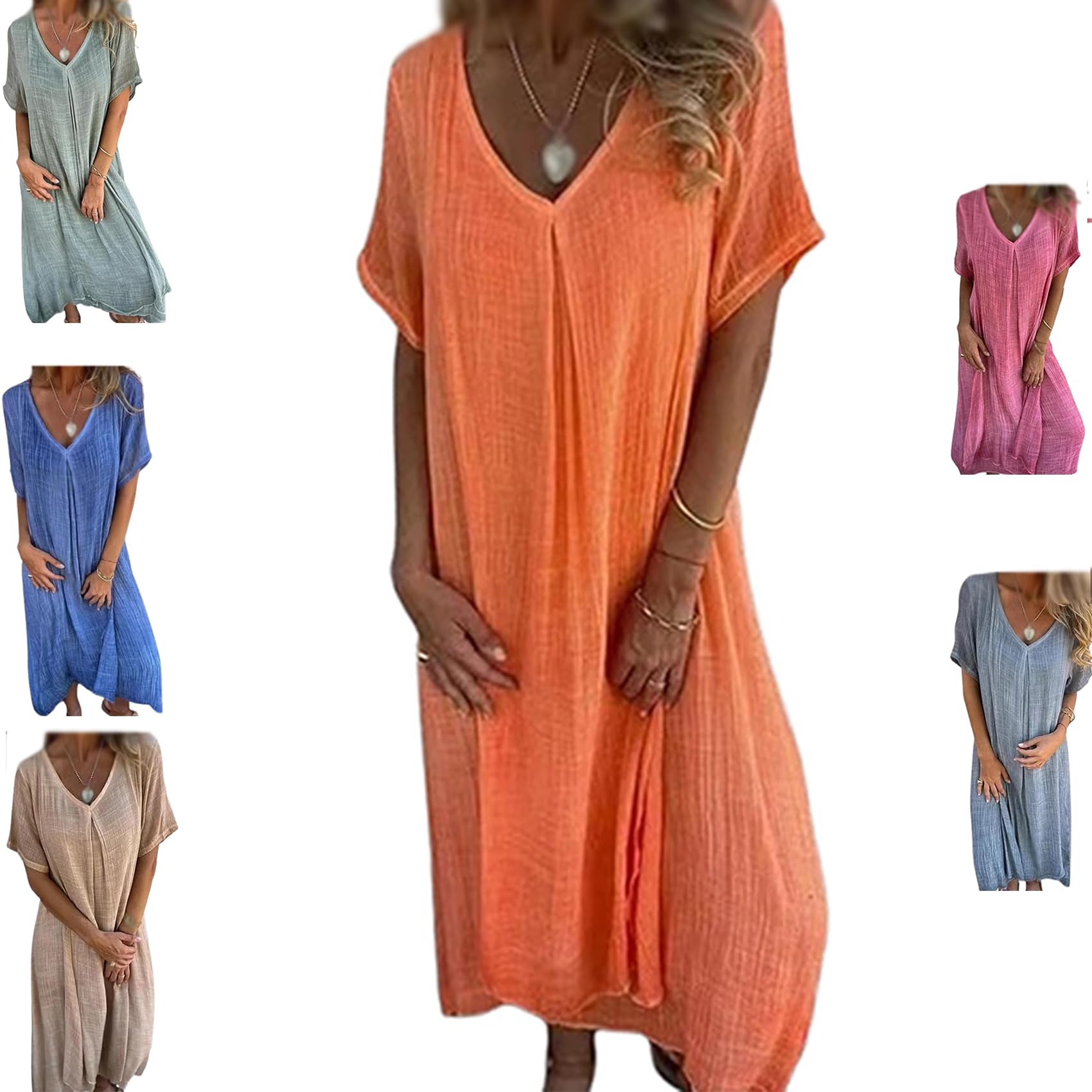 Frontaley Cotton and Linen V-Neck Midi Dress, Solid Casual Dress, Comfortable Holiday Style (Orange,11XL)