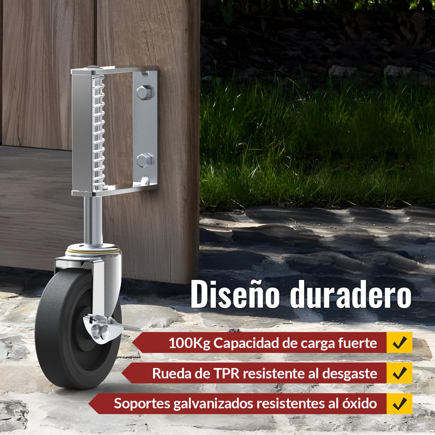 HOLKIE Rueda Giratoria de 100 mm para portón,ruedas con muelle para puertas pesadas de madera y vallas,capacidad de carga 100 kg (2 piezas)
