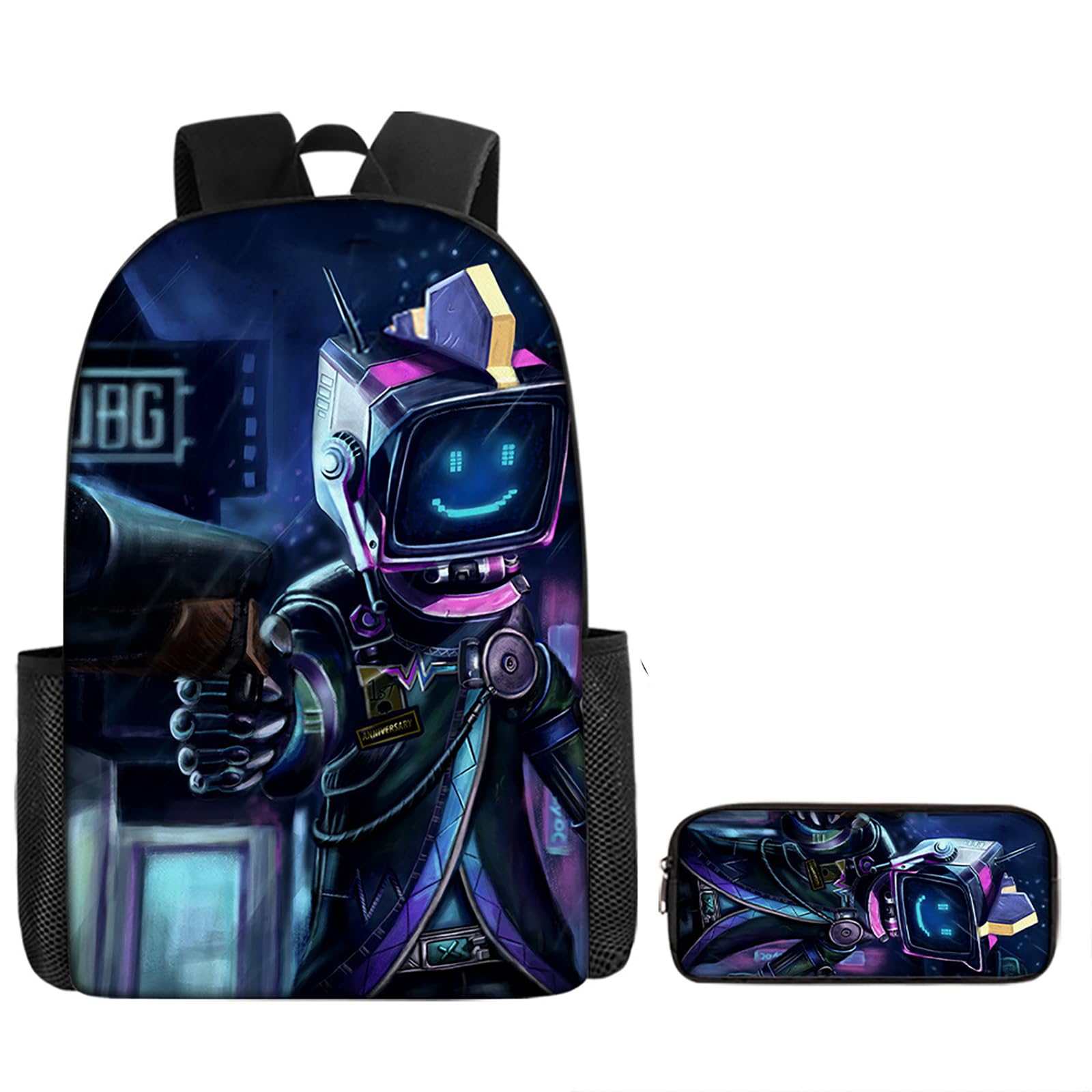 LUSIMIN Funny Game Pattern Backpack and Pencil Case Set Unisex, Animation Drama Comedy Printing Bags Outdoor Travel Computer Cartoon Bag School Storage (E,L)