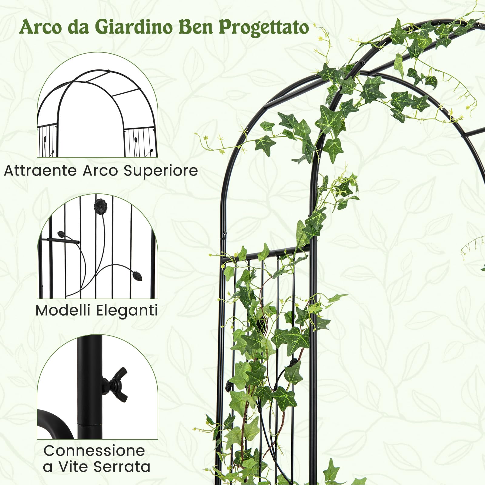 COSTWAY Arco da Giardino, Pergolato in Metallo con Cancello Bloccabile e Fioriere Laterali, Arco per Piante Rampicanti e Viti da Uva, Decorazione per Cerimonia Matrimoniali