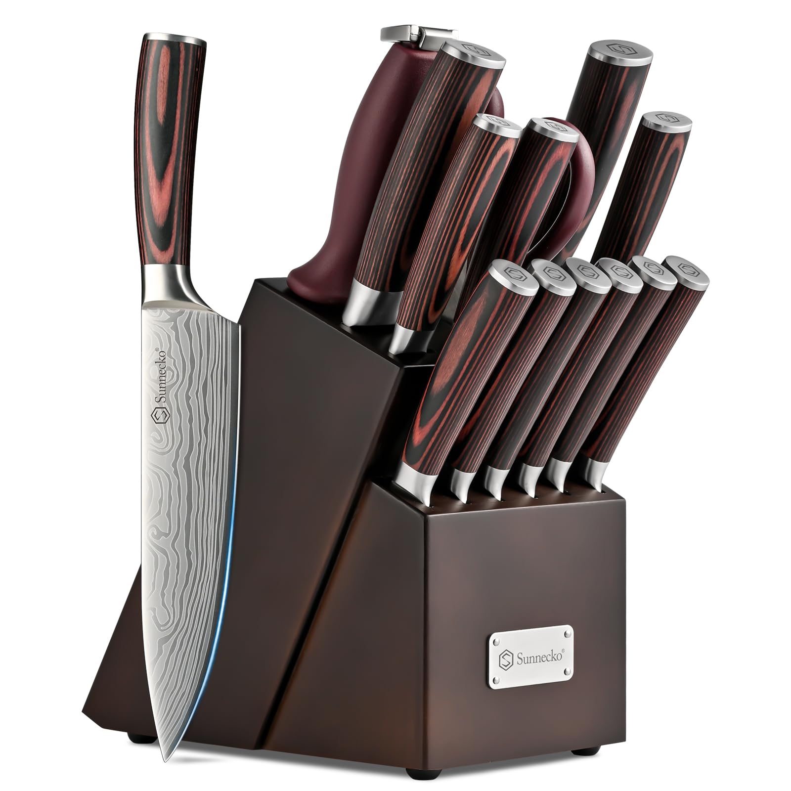 Sunnecko Knife Set with Block and Sharpener, 15 PCS Kitchen Knife Block Set Sharp Kitchen Knives High Carbon Stainless Steel with Pakkawood Handles