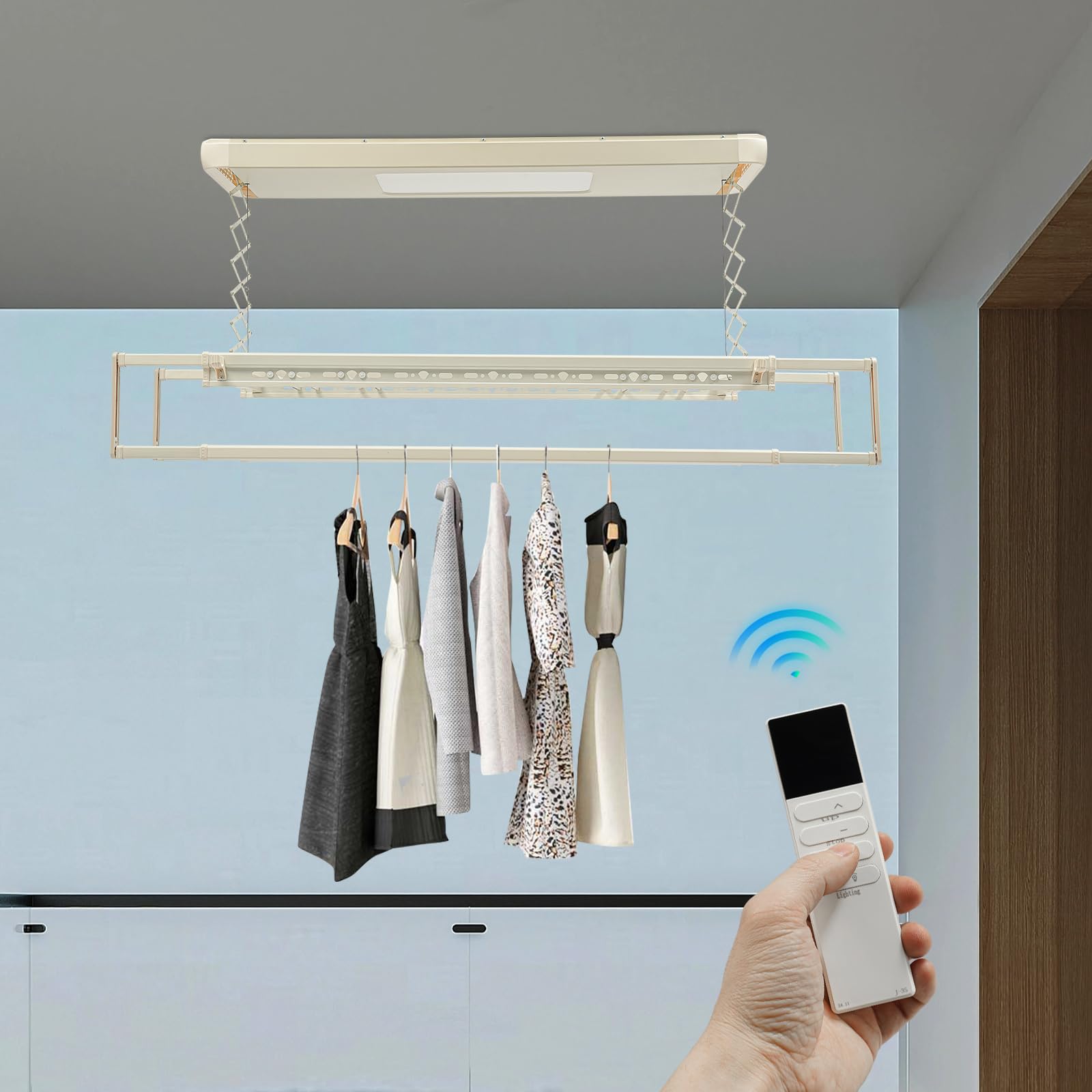 Stendibiancheria da Soffitto di Carico di 35 kg, Lunghezza 130-215 cm, Stendibiancheria da soffitto riscaldantecon telecomando e illuminazione, Stendino con Design Salvaspazio (altezza 110 cm)