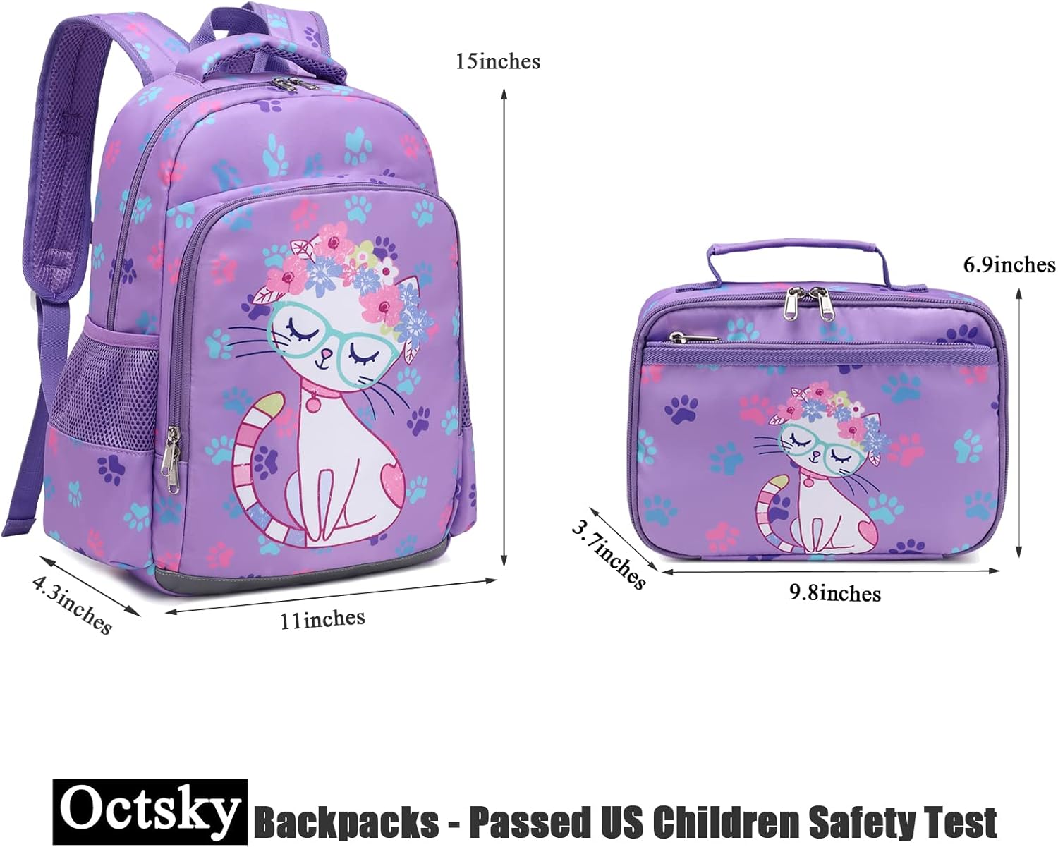 Octsky Backpack for Girls Kids School Backpacks with Lunch Box Preschool Kindergarten BookBag Set With Chest Strap Cat Purple