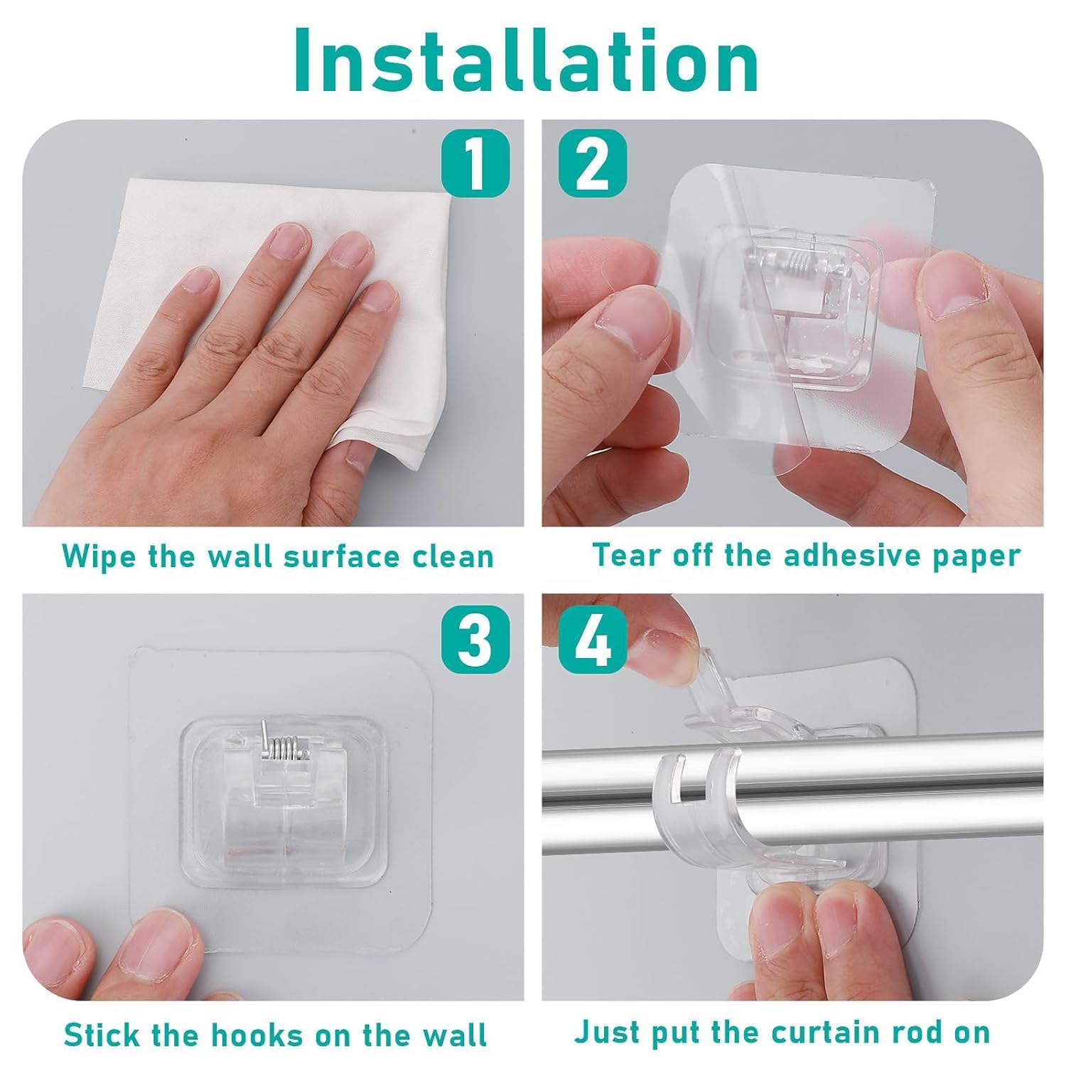 AARKRI SALES Heavy-Duty Wall Mount Rod Clamp Organizer for Curtain Rods, Shower Rods, and Cleaning Tools - No Drill, Waterproof, Easy Installation for Home & Bathroom - Set of 8 1