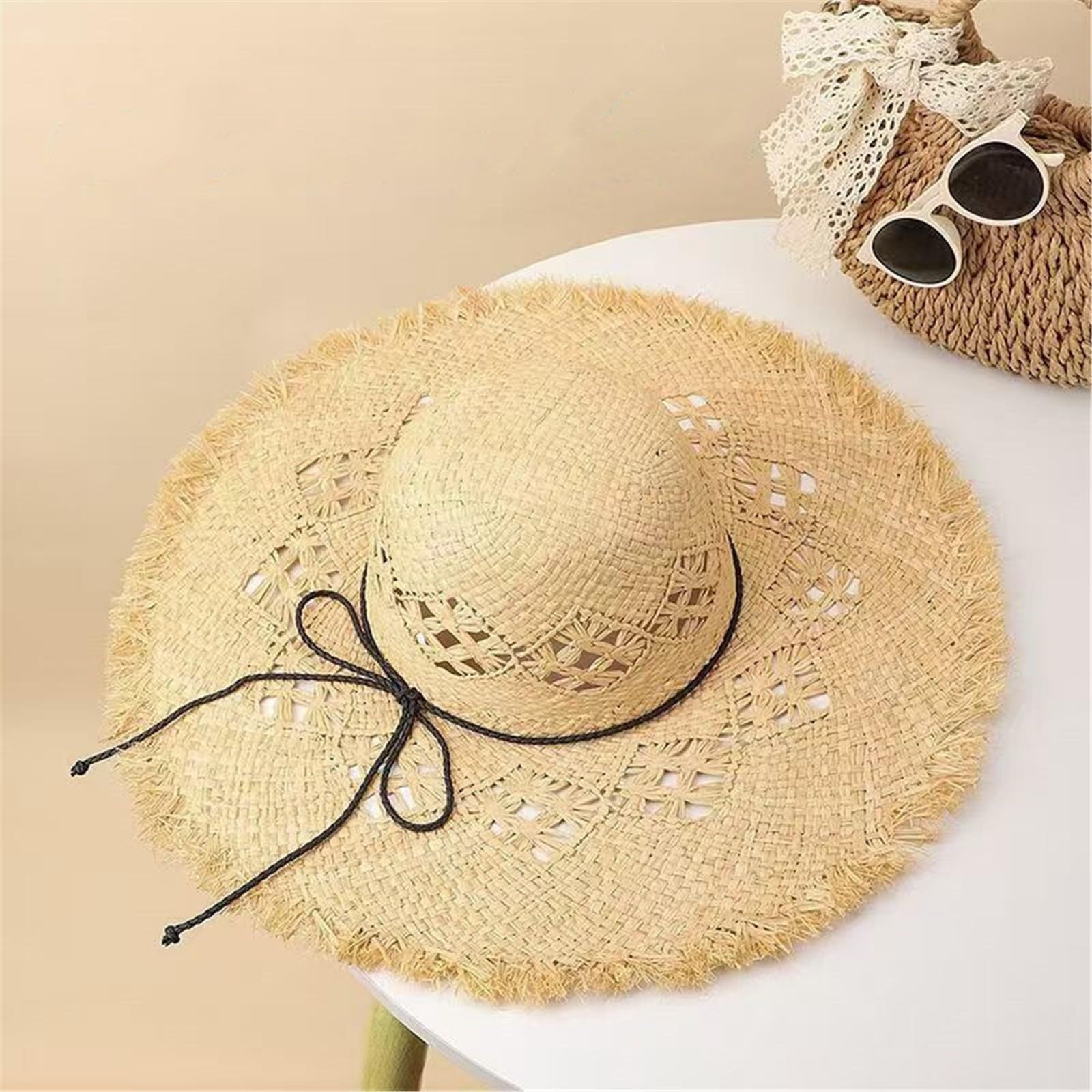 Generico Cappello da Sole in Paglia Lafite da Donna - Cappello da Spiaggia a Tesa Larga con Bordi ruvidi per L'Estate e i Viaggi