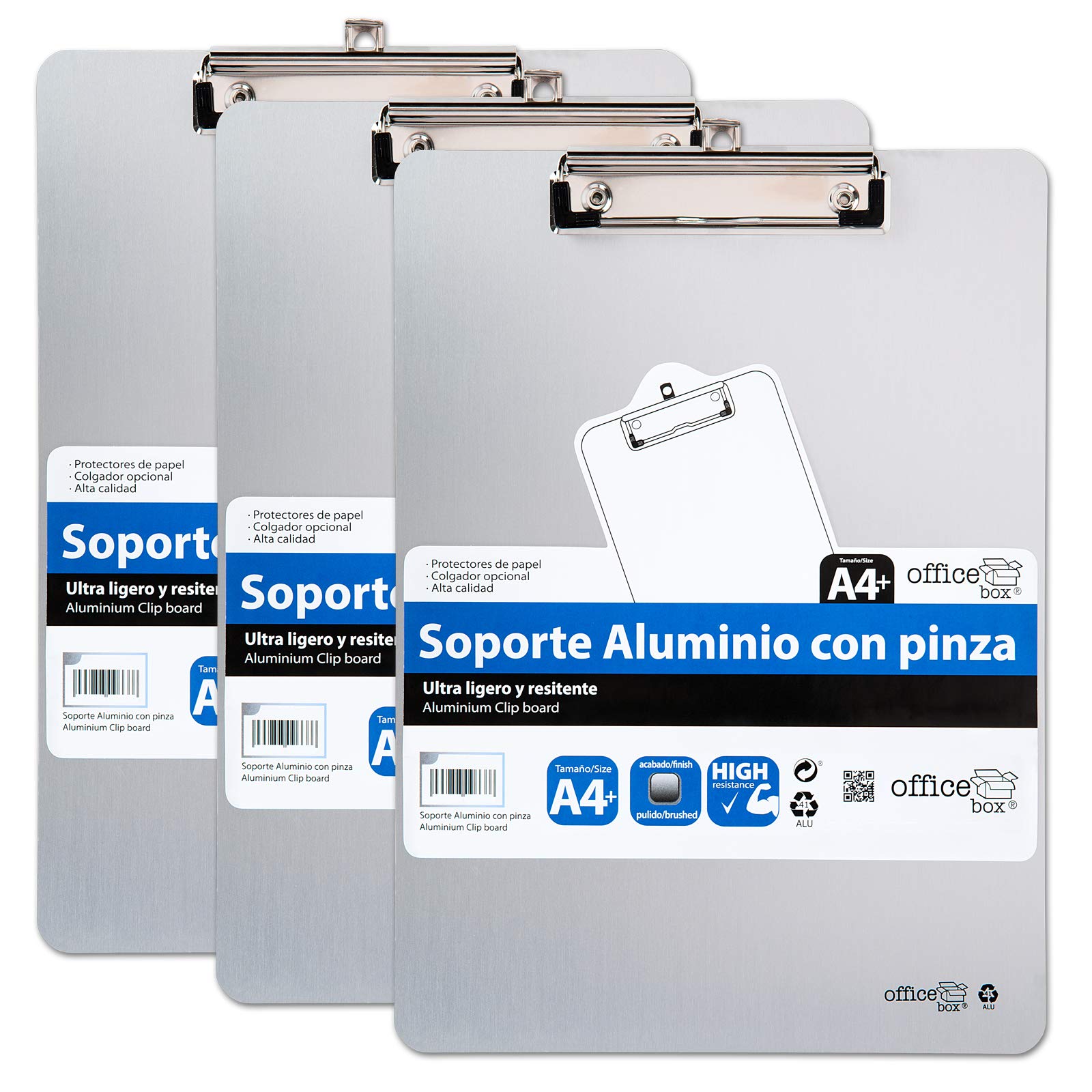 Pack 3 Soportes de Aluminio A4 de Gran Rigidez con Pinza Portapapeles en Aluminio Sólido con protectores de papel y colgador retráctil.