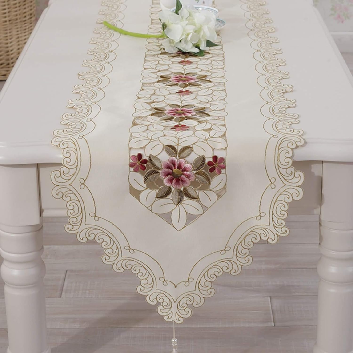 Autumn Table Runner Rectangle,40x250CM,Flowers Embroidered with Tassel Table Runner Decorative Polyester,Table Runner Modern Beige Pink