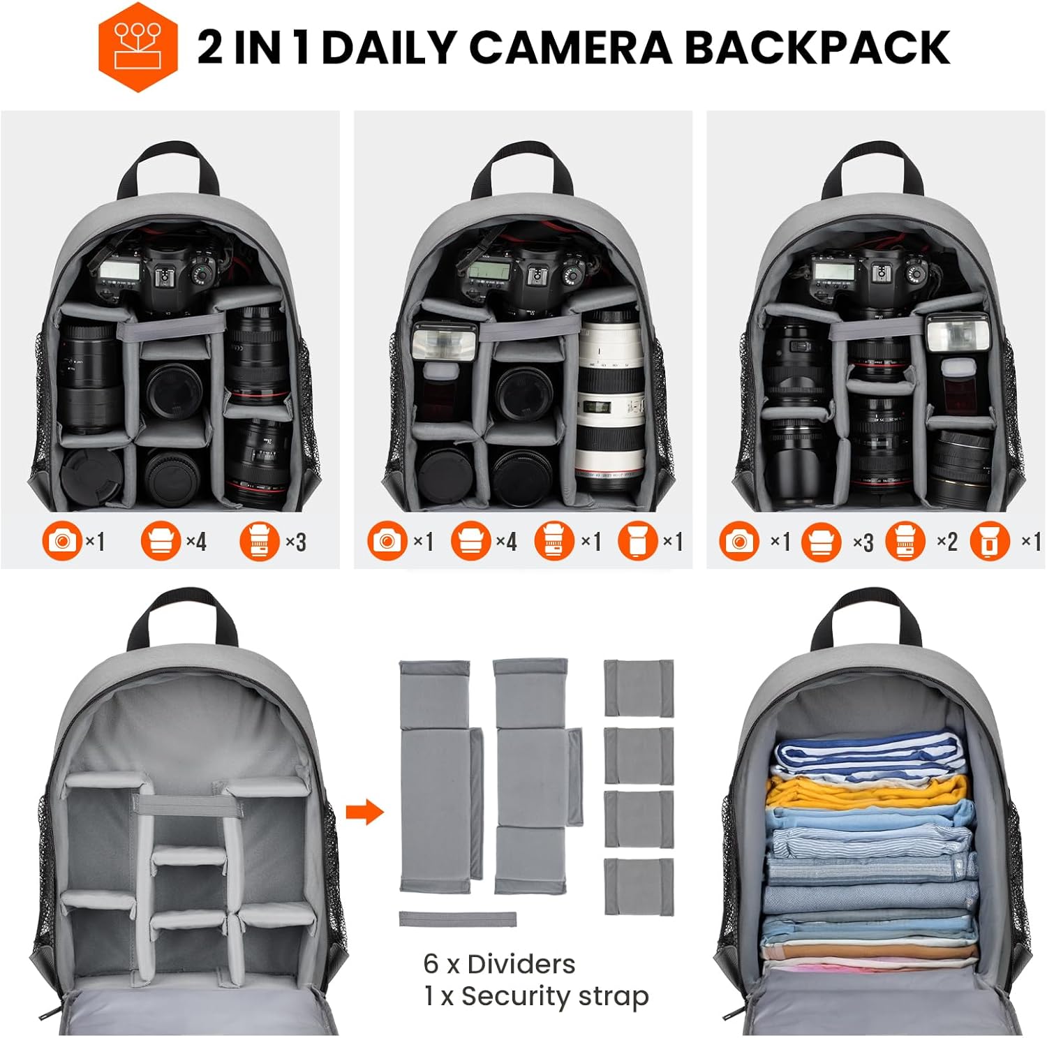 TARION Professional Camera Backpack Case with Laptop Compartment Waterproof Rain Cover for DSLR SLR Mirrorless Camera Lens Tripod Photography Backpack for Women Men Grey TB-S