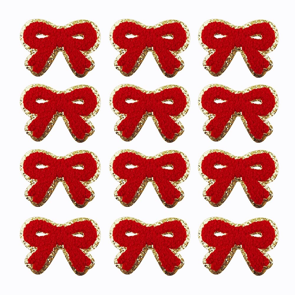 12 PCS Red Bow Patches Chenille Patches Iron On Gold Edges Embroidery Patche Cute Bow Applique for DIY Jeans Hats Bags Clothes