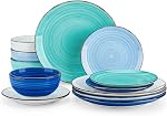 Vancasso Bonita Dinnerware Jeu de pierres bleues 12 Service des pièces pour 4, Ensemble de plaques et de bols en grès peints à la main