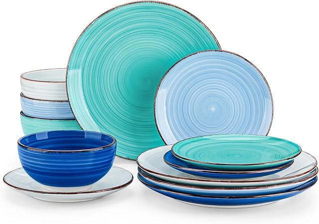 Vancasso Bonita Dinnerware Jeu de pierres bleues 12 Service des pièces pour 4, Ensemble de plaques et de bols en grès peints à la main