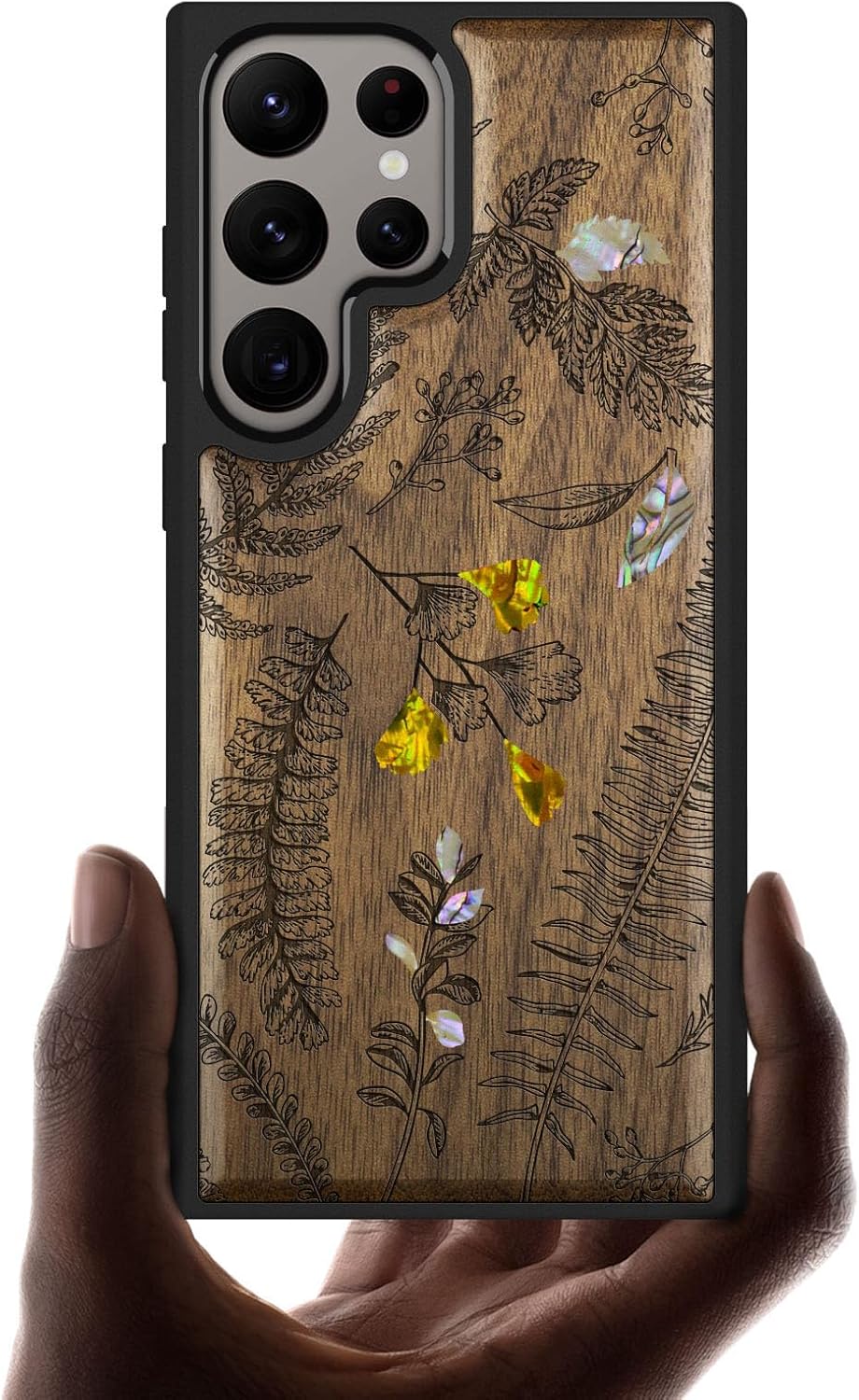 Carveit Designer Wooden Case for Samsung Galaxy S24 Ultra Case [Wood Engraving & Shell Inlay] Compatible with Wireless Chargers S24 Ultra Cover (Fern Leaves & Herbs-Walnut)