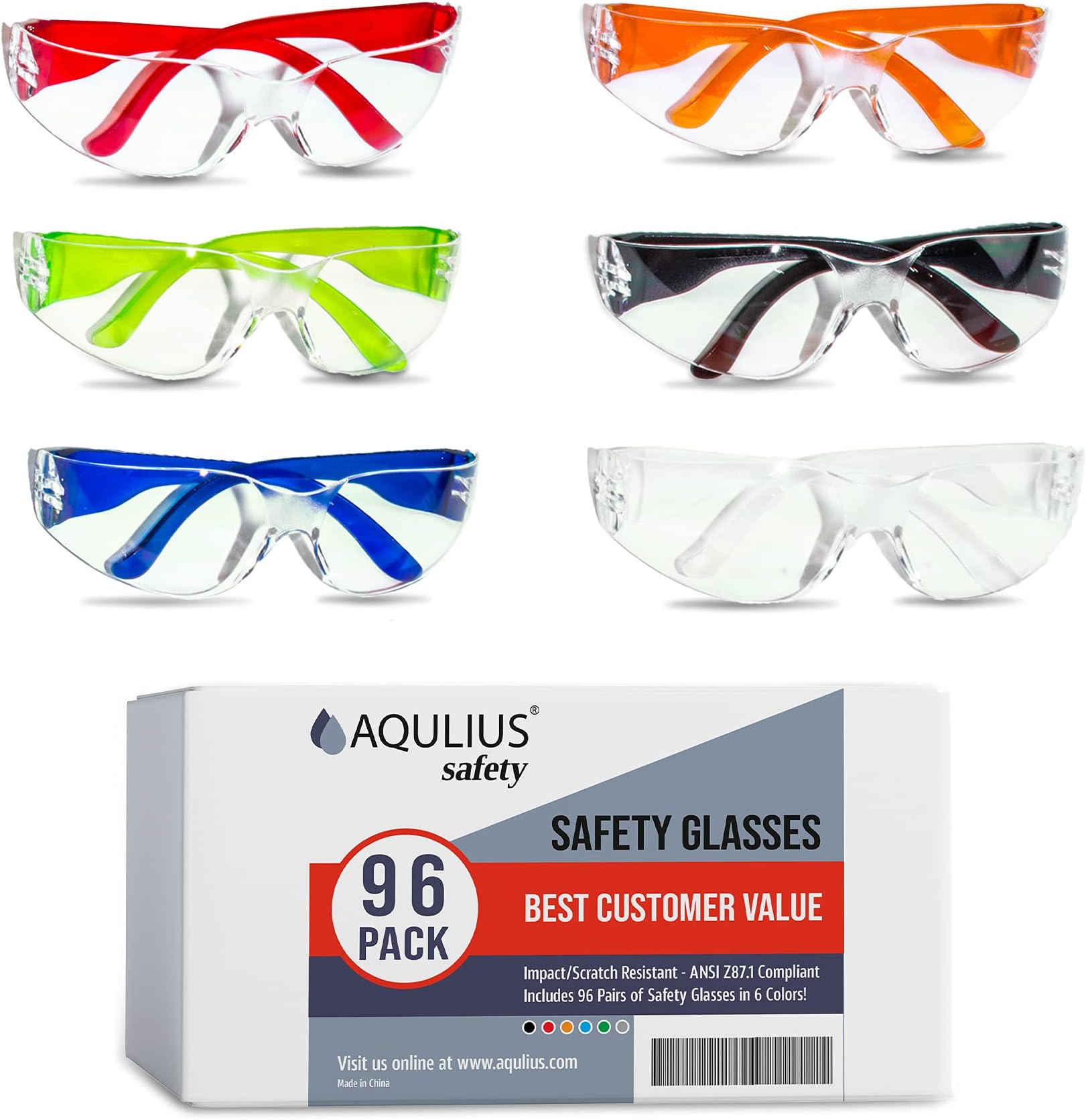 Aqulius 96 Pack of Safety Glasses (96 Protective Goggles in 6 Colors) Crystal Clear Eye Protection - Perfect for Construction, Shooting, Lab Work, and More!