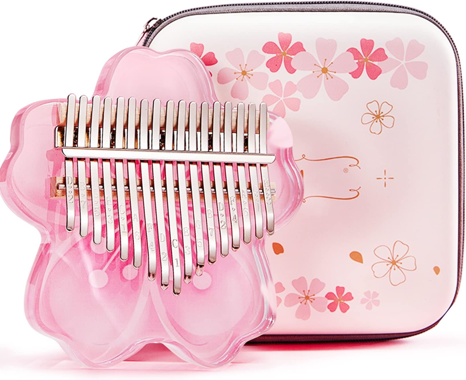 21 Keys Kalimba Thumb Piano Full Kit, Sakura Shape Transparent Crystal Kalimba 17 Key with EVA Protective Case, Professional Musical Instruments Christmas Gift