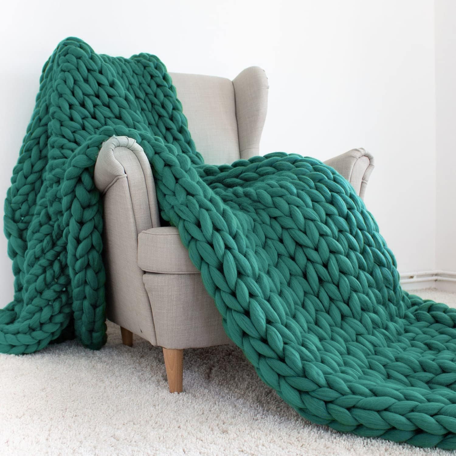 LaoJee Chunky Knit Blanket Merino Wool Blend Handmade Soft Bulky Throw Sofa Chair Home Decor Giant Yarn,Peacock Green,40"x80"