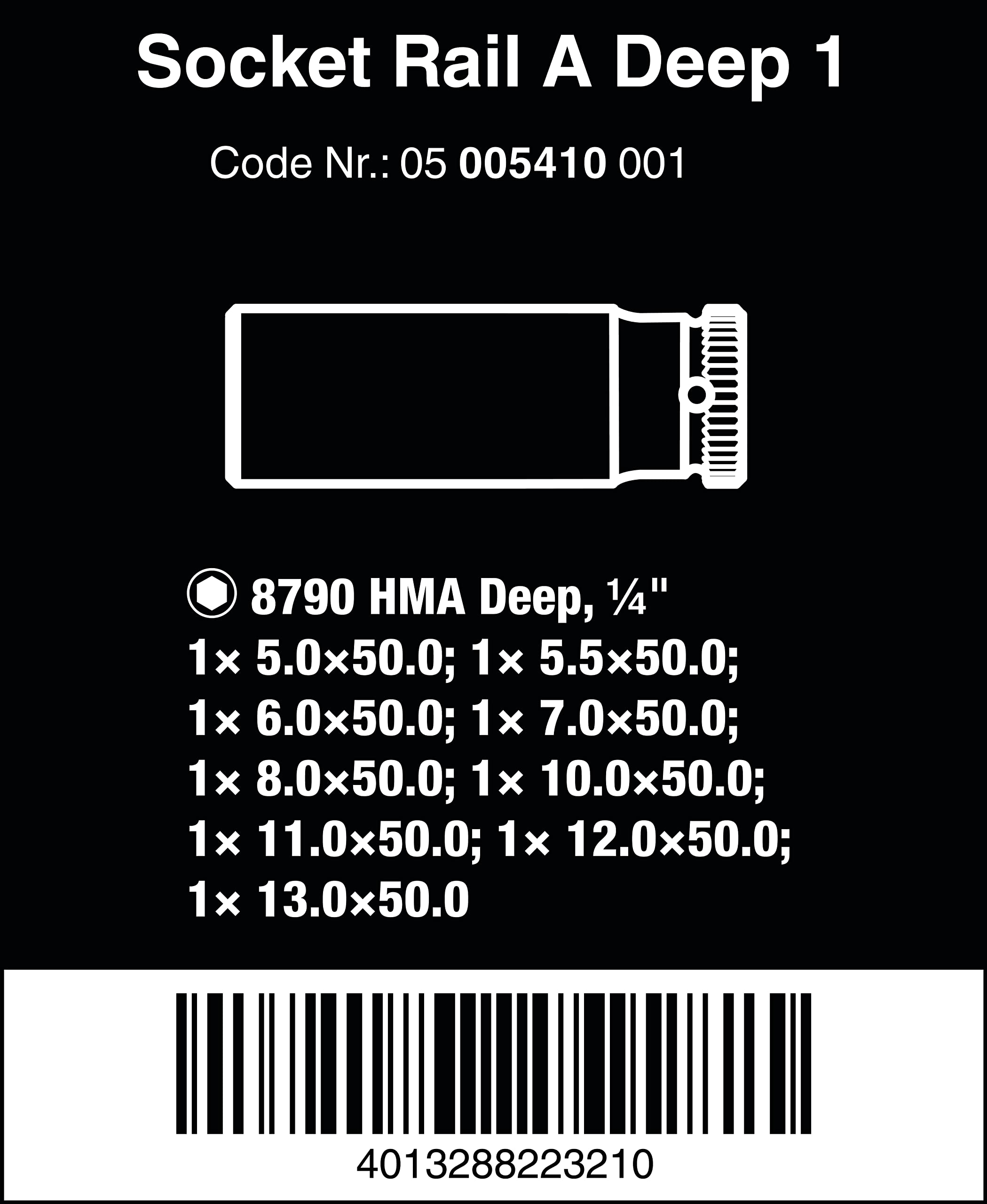 Wera 05005410001 Juego de llaves de vaso en tira magnética A Deep 1, arrastre de 1/4", 9 piezas, Negro
