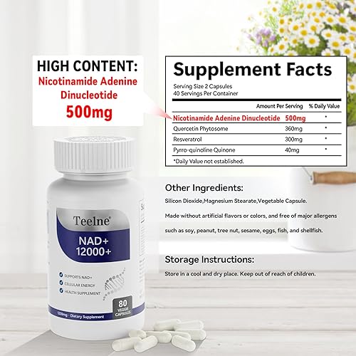 Vista 8 de Suplemento NAD de 1200 mg con resveratrol y quercetina y PQQ, suplemento NAD+ de alta pureza para mujeres y hombres, apoya la salud celular