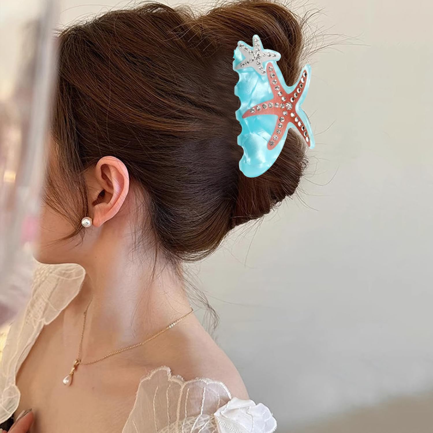1Pack Starfish Hair Claw Clip - Summer Beach Starfish Hair Clip Blue Acetate Non Slip Hair Jaw Barrettes Exquisite Crystal Marine Life Starfish Hair Clamp Strong Hold Hair Accessories for Women Girls image 4