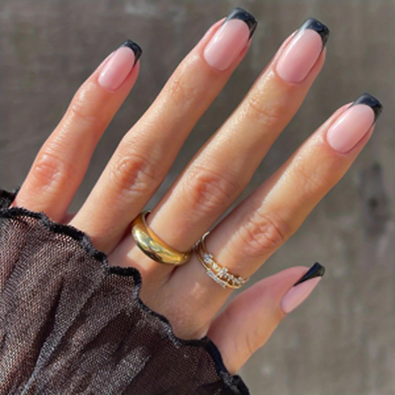 Uñas postizas con punta francesa - 240 uñas acrílicas medianas - Cobertura total - Kit de manicura francesa for mujeres(Pink-Black)