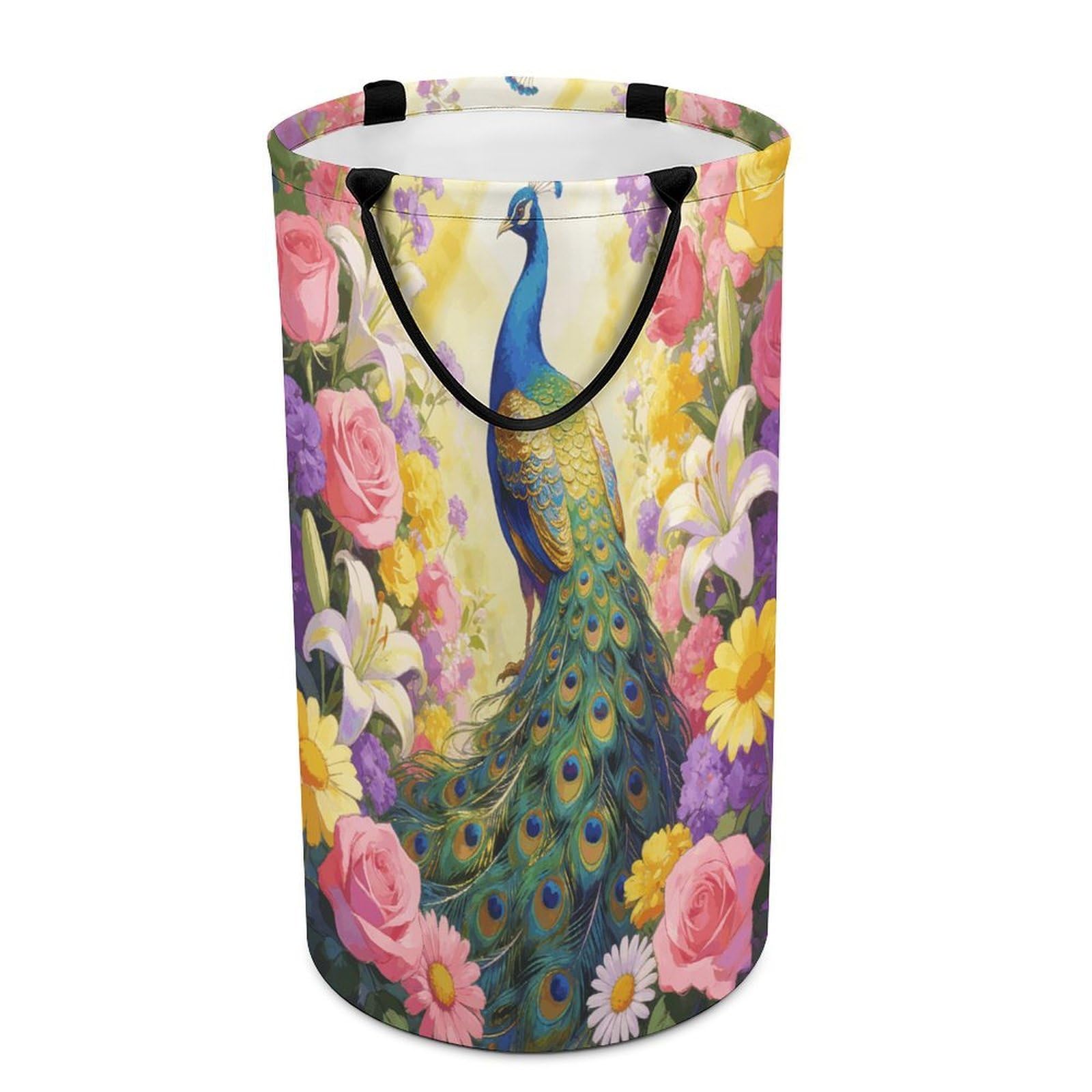 Colorful Peacock with Floral Background Laundry Hamper 86L Waterproof Collapsible Clothes Basket with Double Handles Freestanding Foldable Laundry Basket Large Clothes Hamper for Bathroom