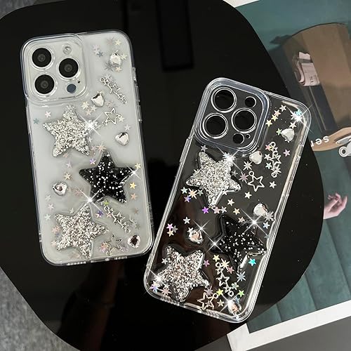 Miniatura 3 de Funda compatible con iPhone 15, diseño de estrellas brillantes con purpurina 3D, bonito diseño de diamantes para niñas y mujeres, funda protectora