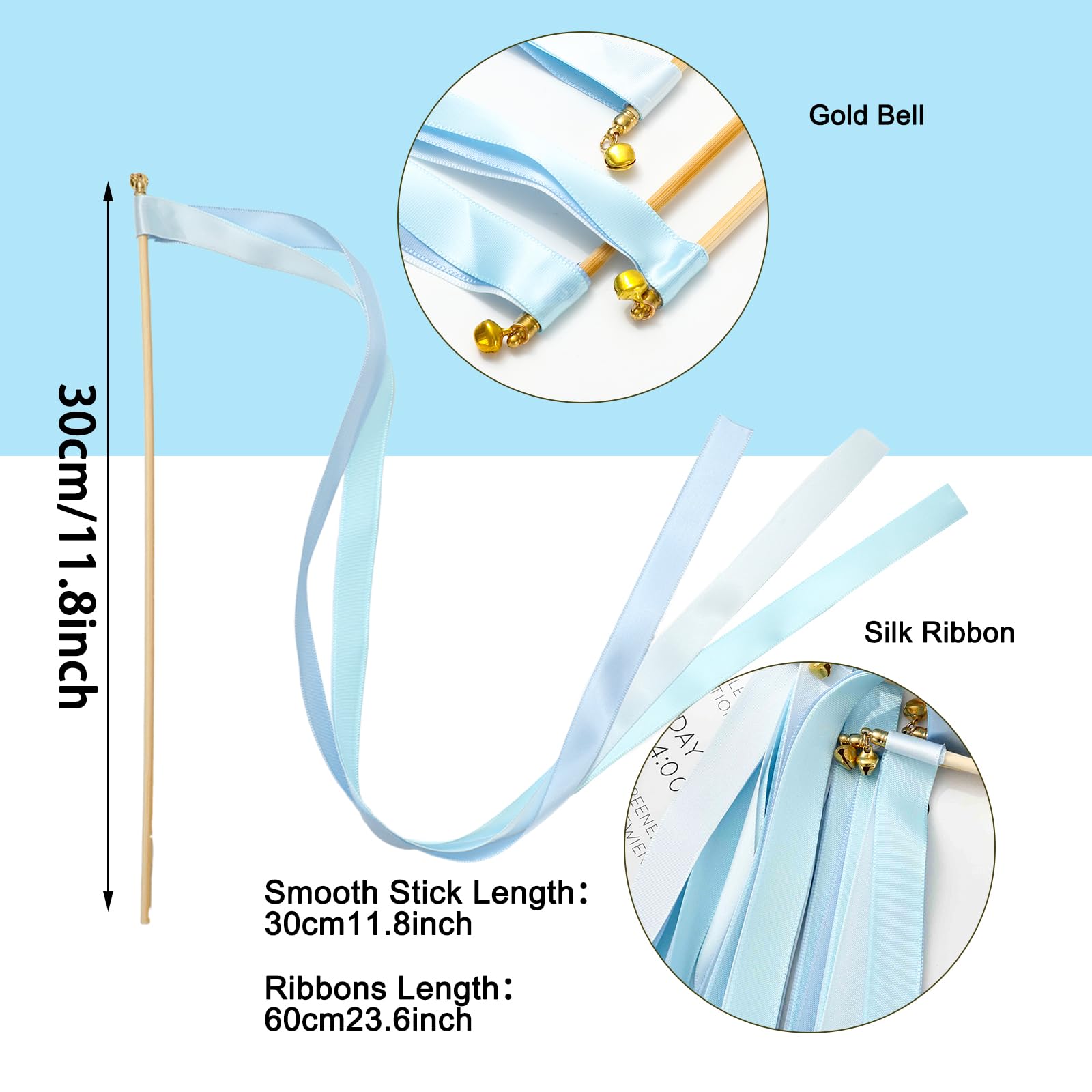 Whaline 40Pcs Wedding Ribbon Sticks with Bells Dusty Blue Streamers Fairy Stick Wands Ribbon Tassel Wands for Baby Shower Send Off Party Activities Holiday Celebration Supplies