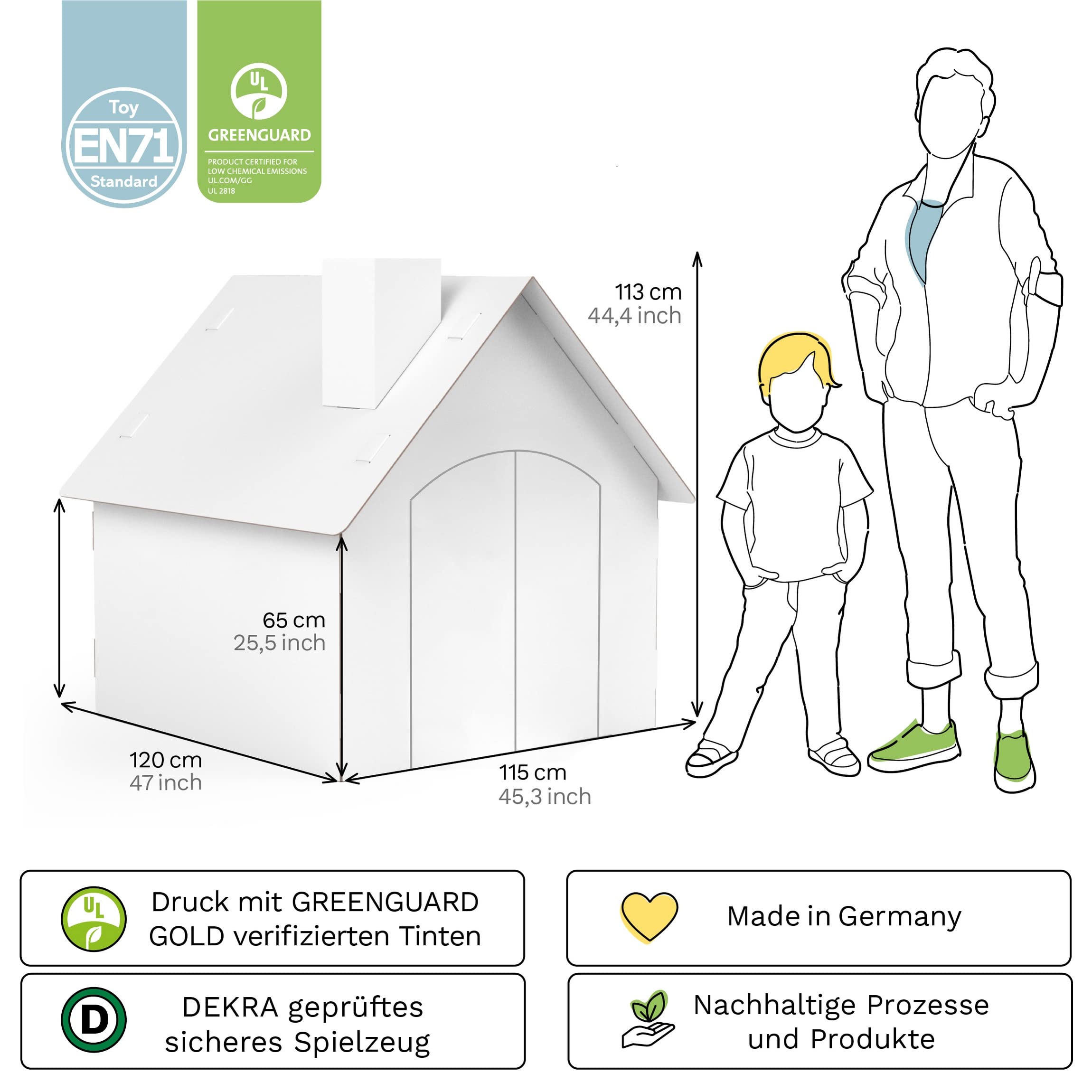 Spielhaus XXL 1,2 x 1,15 x 1,13 m aus Pappe Pappspielhaus Karton Haus zum Ausmalen