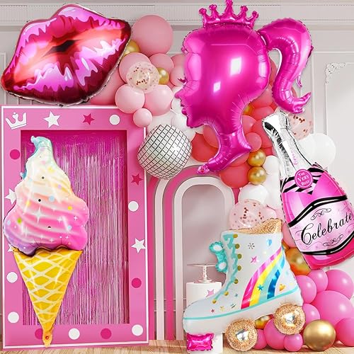 El kit de arco de guirnalda de globos rosas de 126 piezas incluye 5 globos estilizados rosa intenso niña rosa princesa princesa fiesta temática disponible en Yaxa Peru