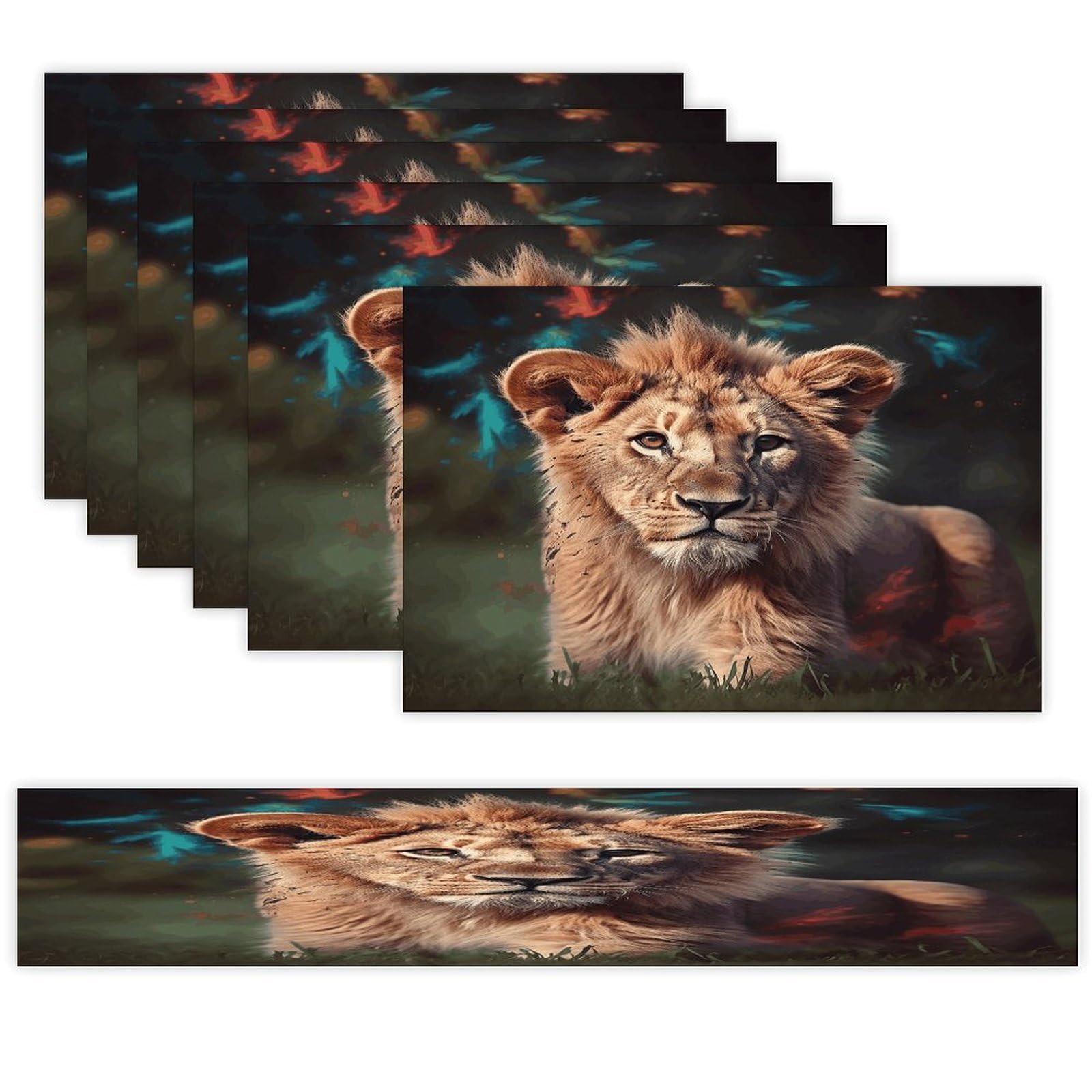 Art Lion Table Runner and Placemats Set of 6 Wipe Clean Heat Resistant Table Mat with Table Runner Decorations Flax Linen Place Mat Set for Home Kitchen Party Supplies
