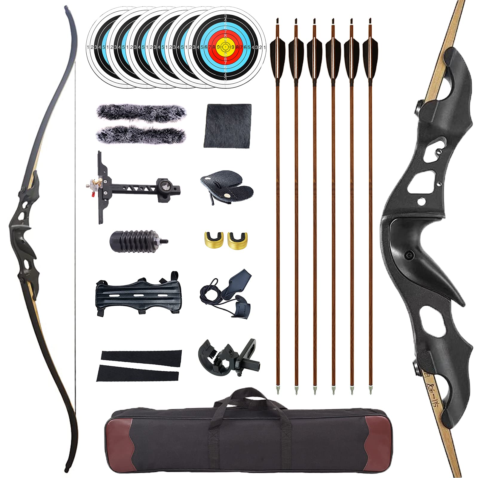 Black Hunter Bow and Arrow Set Adult Recurve Bows for Adults Archery Bow Longbow set 60" 20-55 lbs Right Hand Aluminium alloy Riser with Carbon Arrows for Outdoor Targets Practice Competition