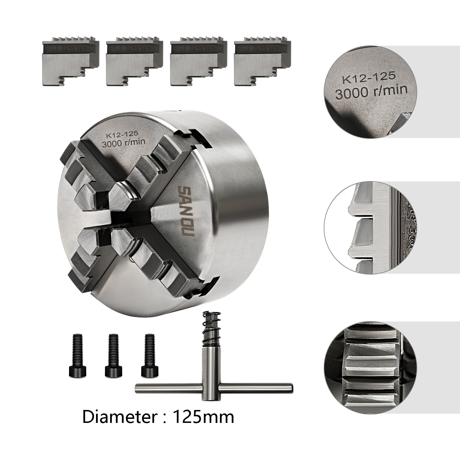 Portabrocas autocentrante de 4 mandíbulas giratorias, 4 mandriles CNC Jaw Chuck para trabajar metales, portabrocas de precisión con mandíbulas interiores y exteriores, acero de hierro de alta calidad