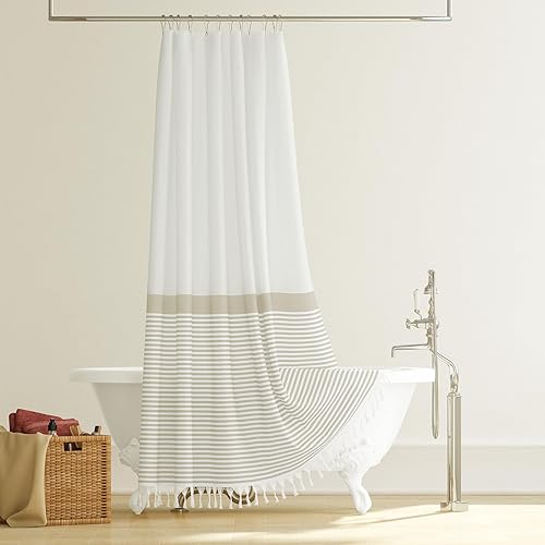Vista 69 de Dynamene Cortina de ducha de tela marrón, cortinas de ducha con borlas a rayas bohemias para baño, juego de cortina de ducha de tela texturizada