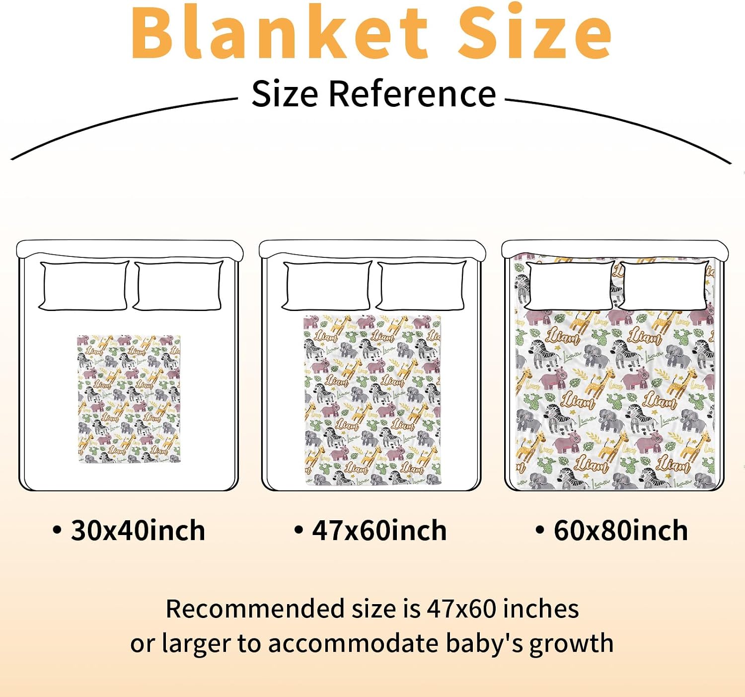 Personalized Baby Blanket - Safari Animals Blanket with Customized Name - Custom Soft Plush Flannel Blankets with Double Layer Dotted Backing for Kids Boys Girls Gift White01