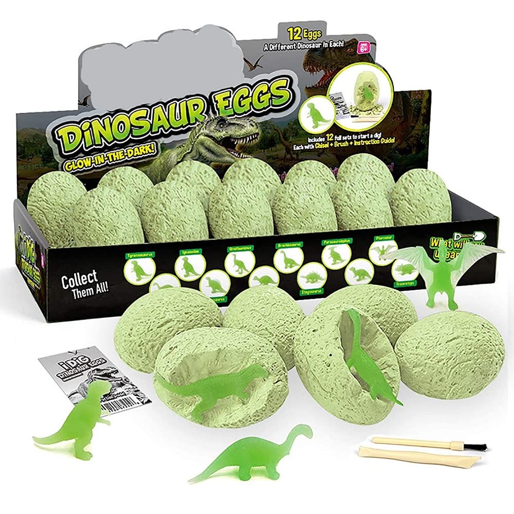 UKR Dig 12 pc Dinosaur Eggs Digging Kit Glowing Dinos STEM Toys Archaelogy Paleontology History Excavation